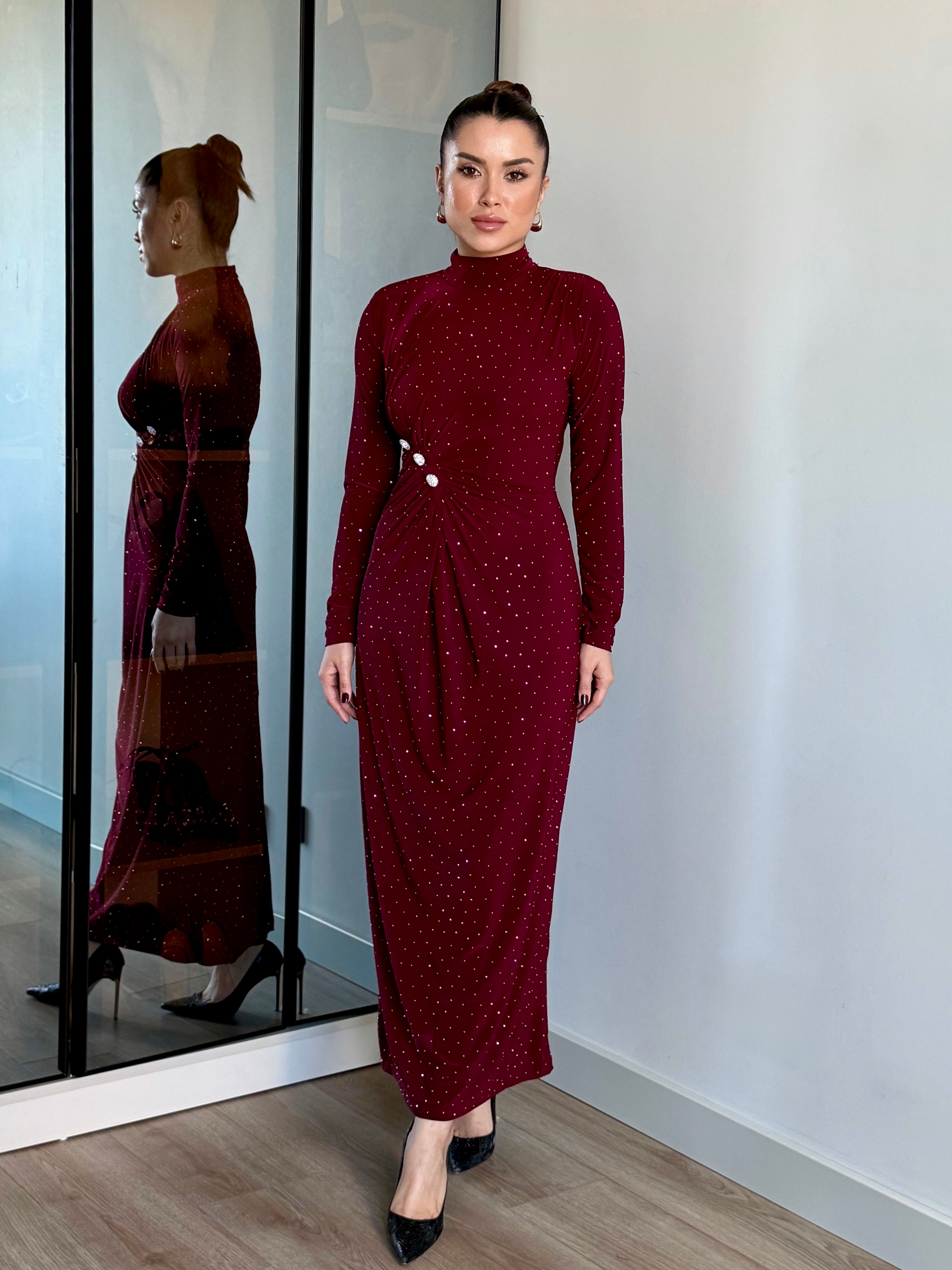 Full Taş Uzun Elbise - Bordo