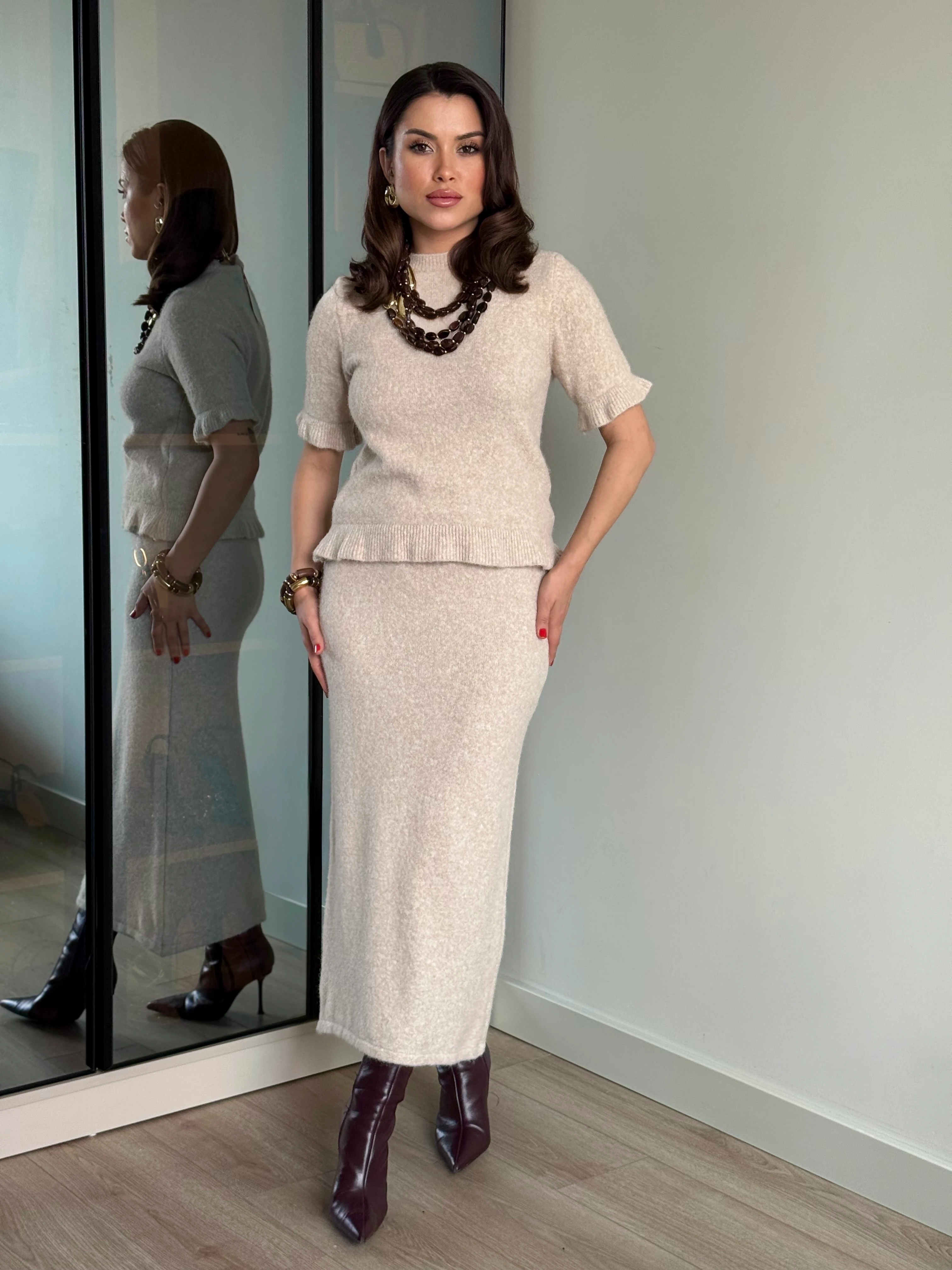 Etek-Bluz Triko Takım - krem