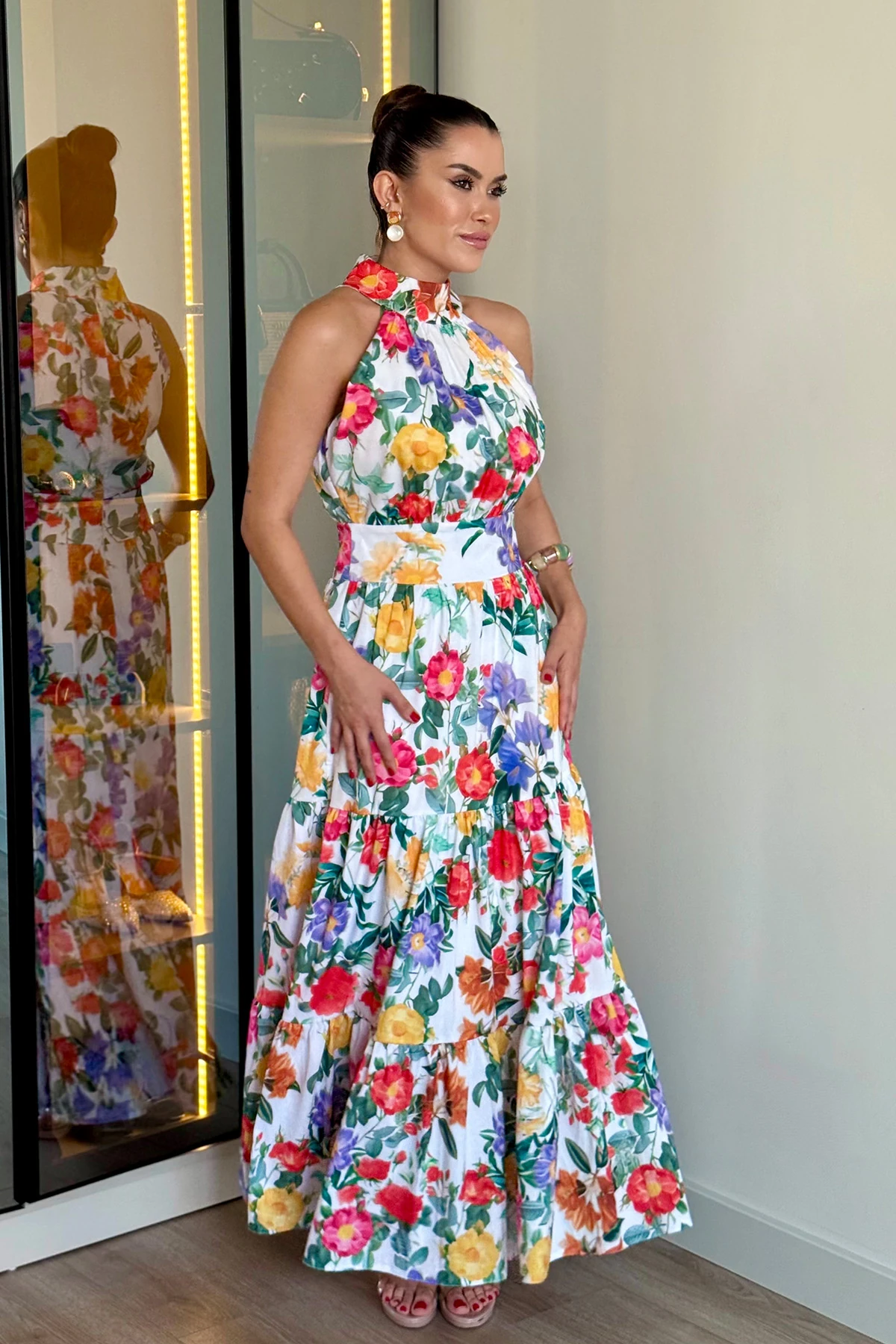 Çiçek Desenli Maxi Elbise - desenli