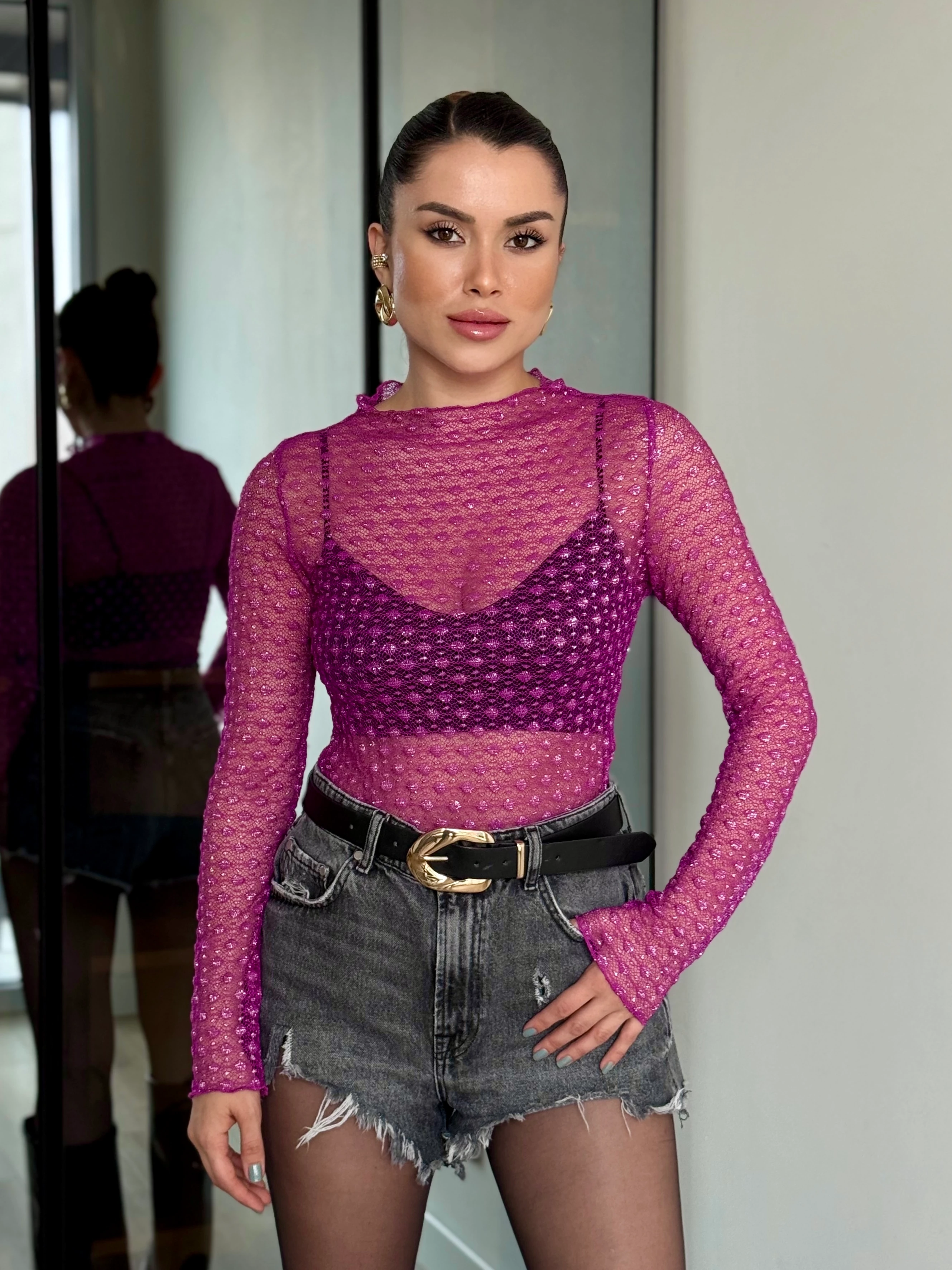 Simli Transparan Bluz - Fuşya