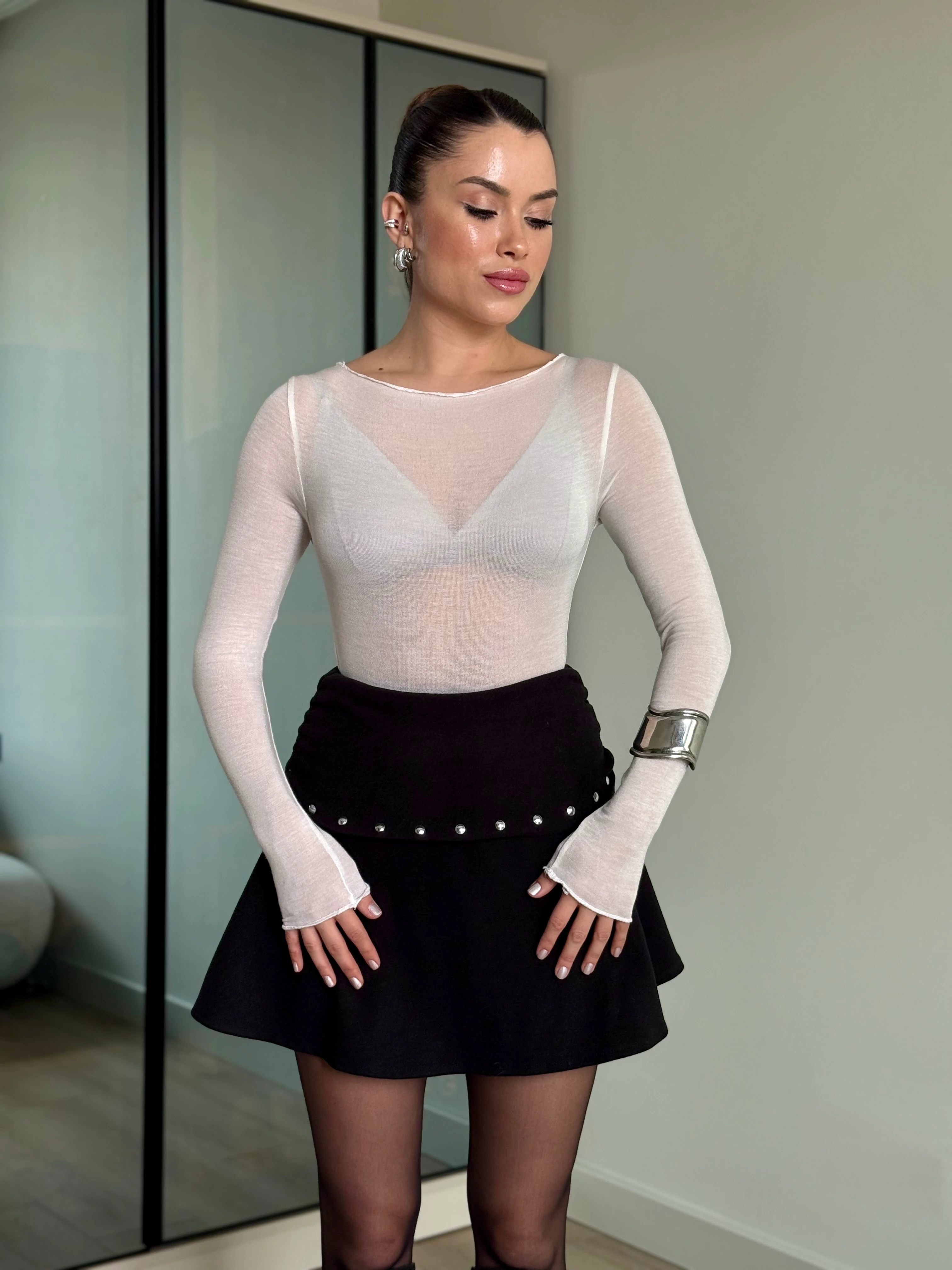 Transparan Uzun kol Bluz  - beyaz