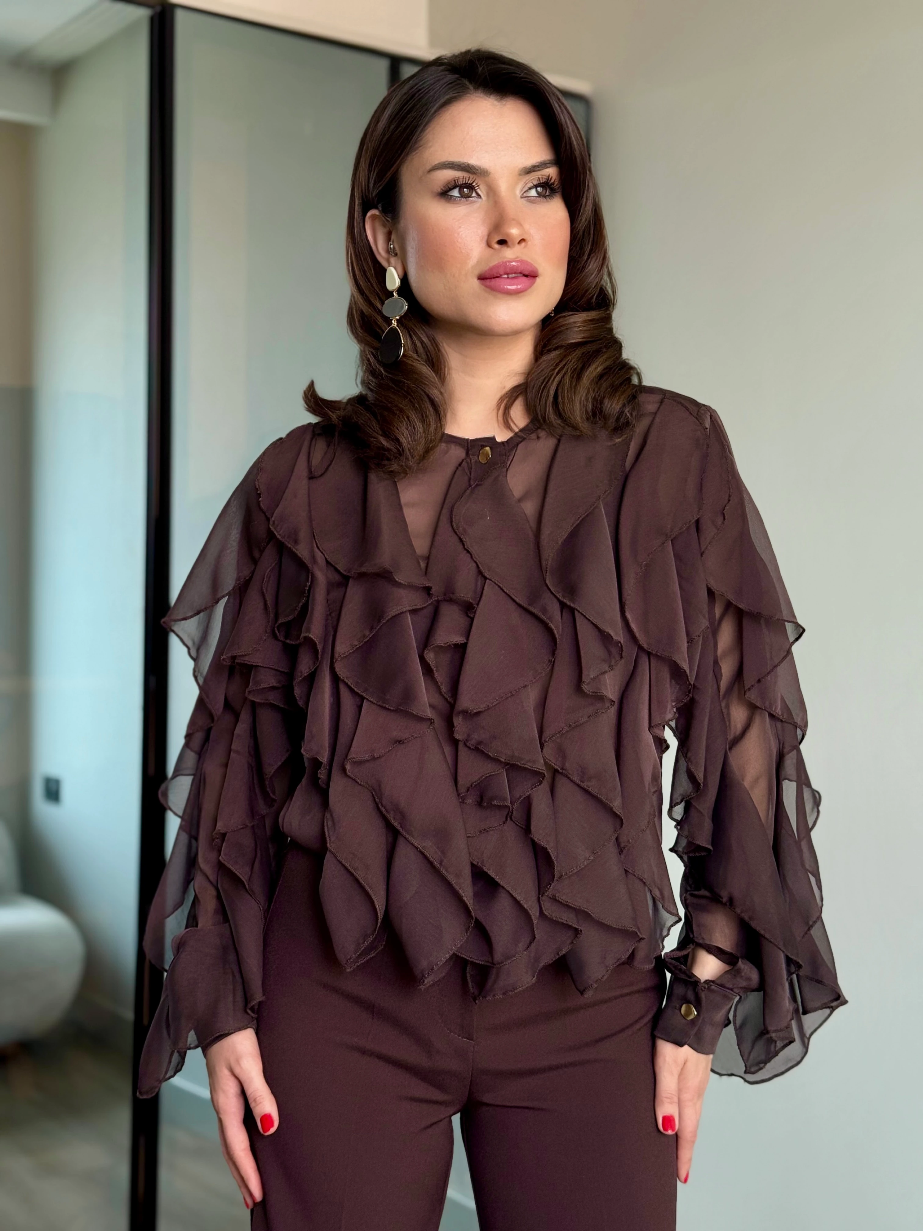 Fırfırlı Tasarım Gömlek - kahverengi