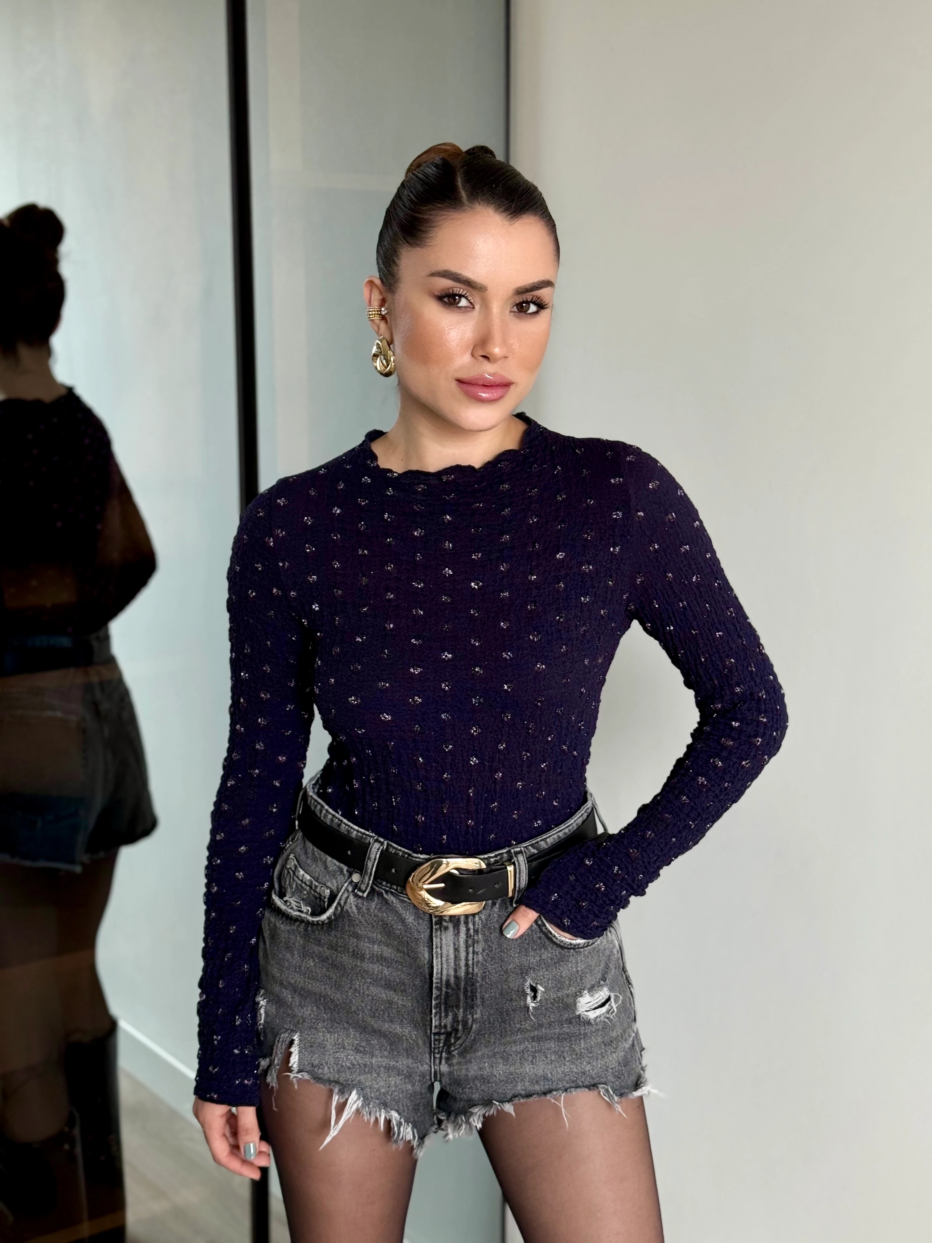 Simli Transparan Bluz - Lacivert