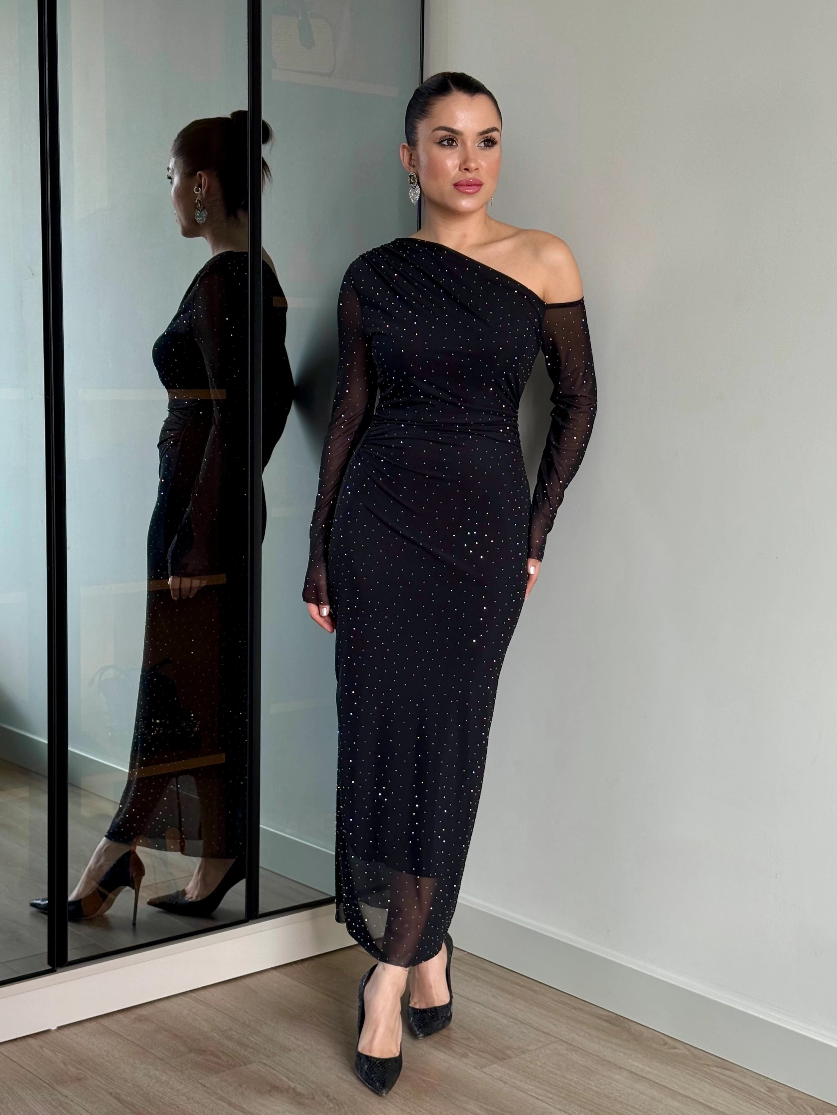 Kadın Astarlı Taşlı Tül  Elbise 