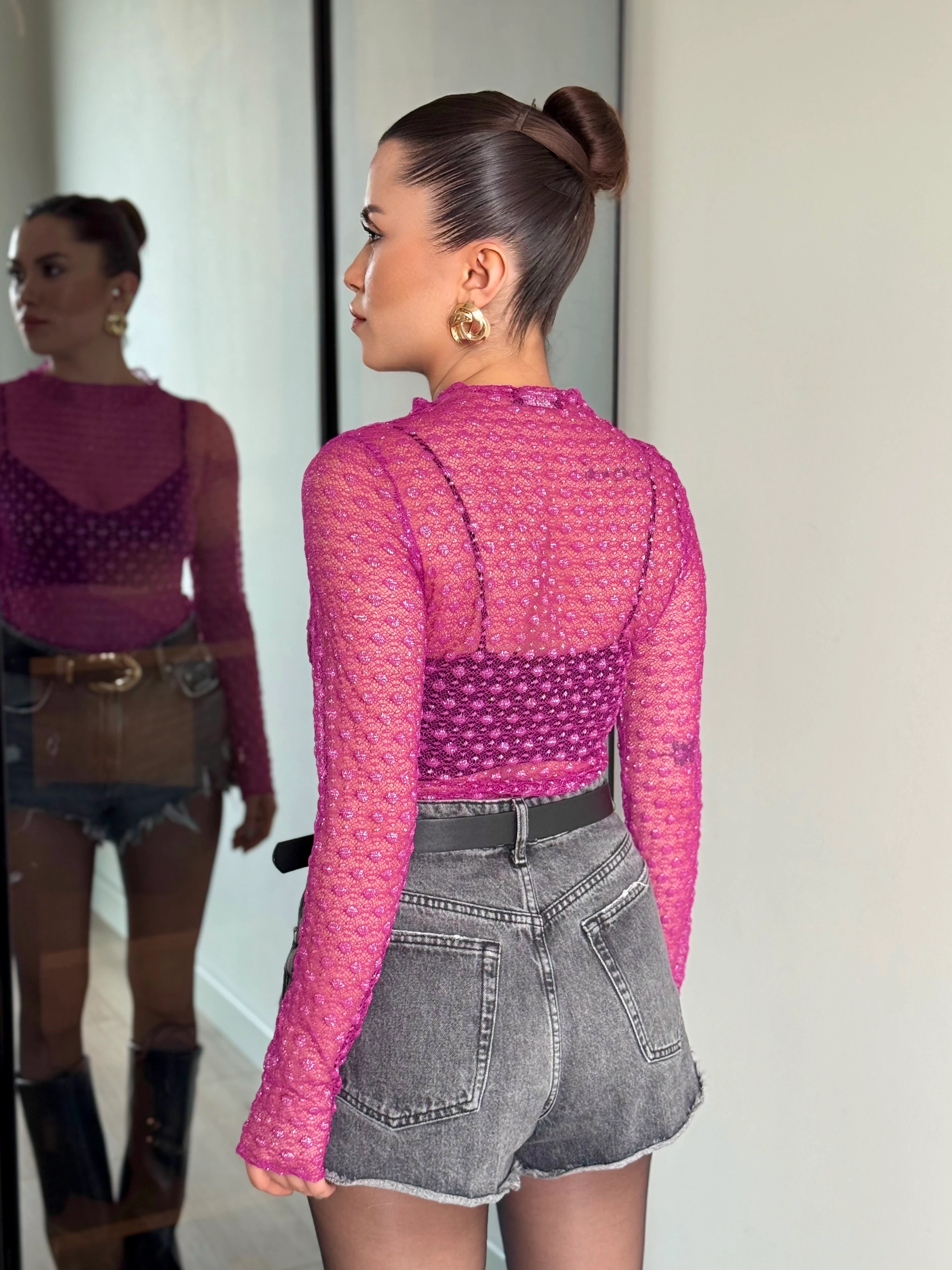 Simli Transparan Bluz - Fuşya