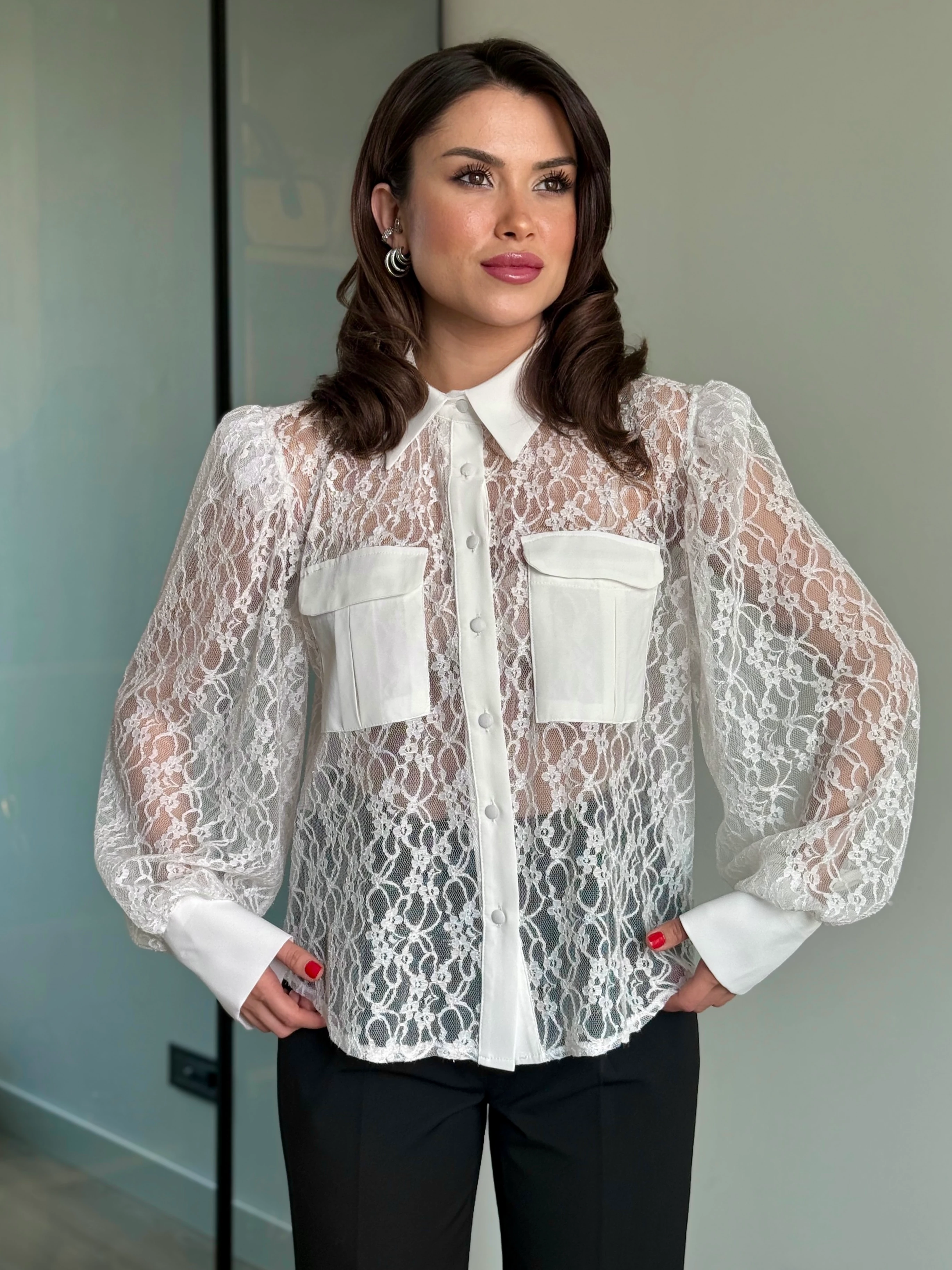 Simli Güpür Gömlek - beyaz