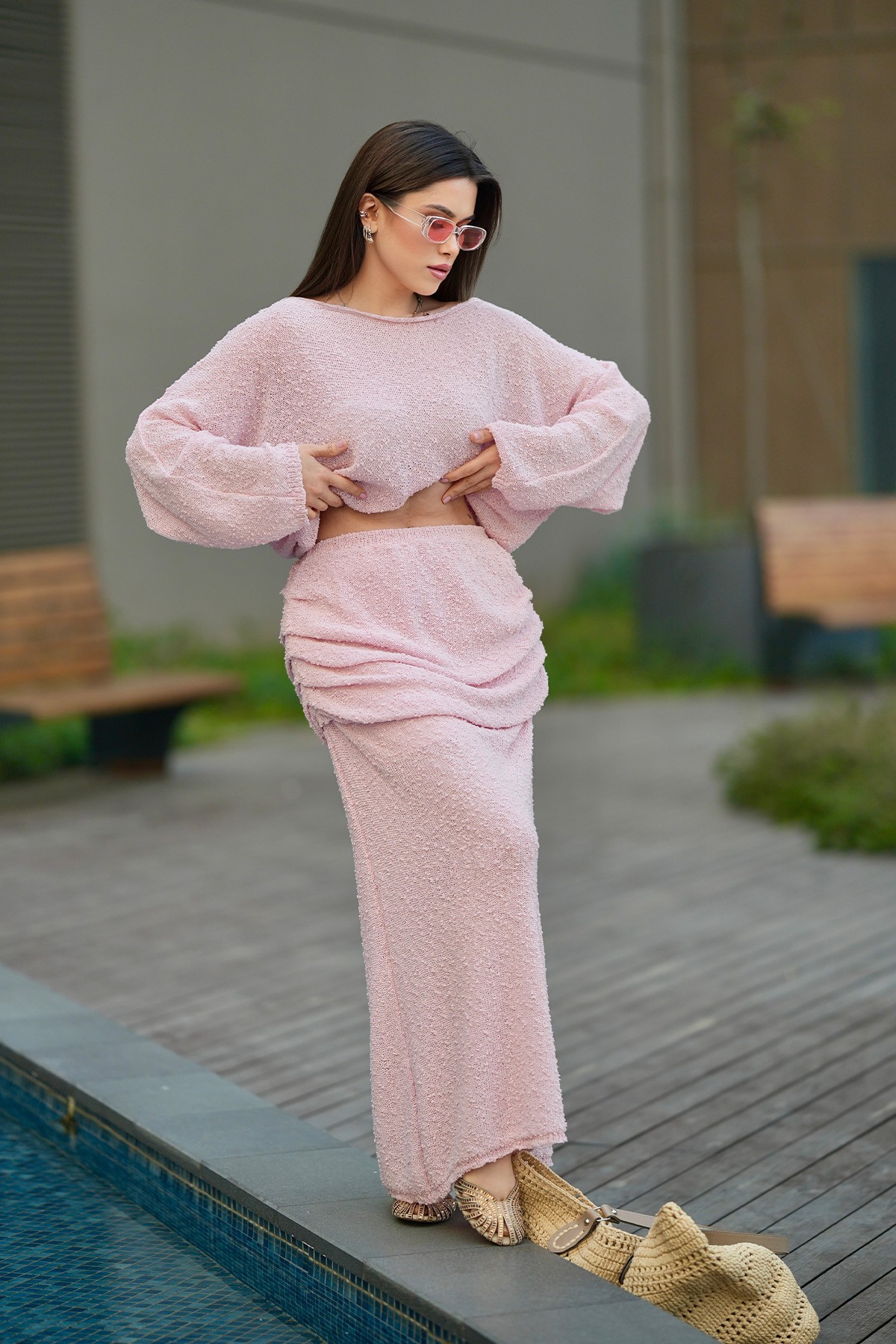 Büzgü Detaylı Tasarım Takım  - Pembe