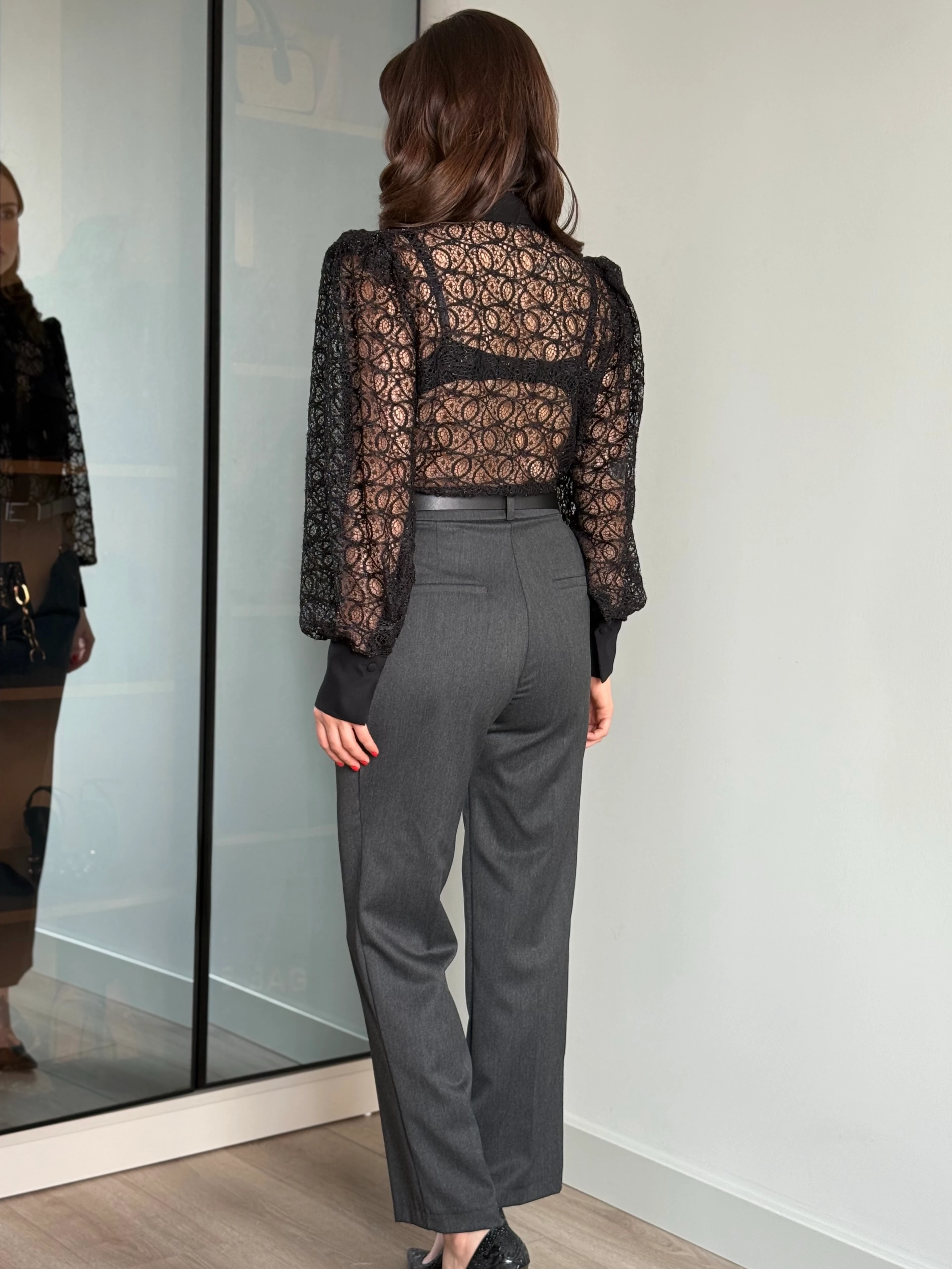 Pile Detaylı Yüksek Bel Kemerli Pantolon - Gri