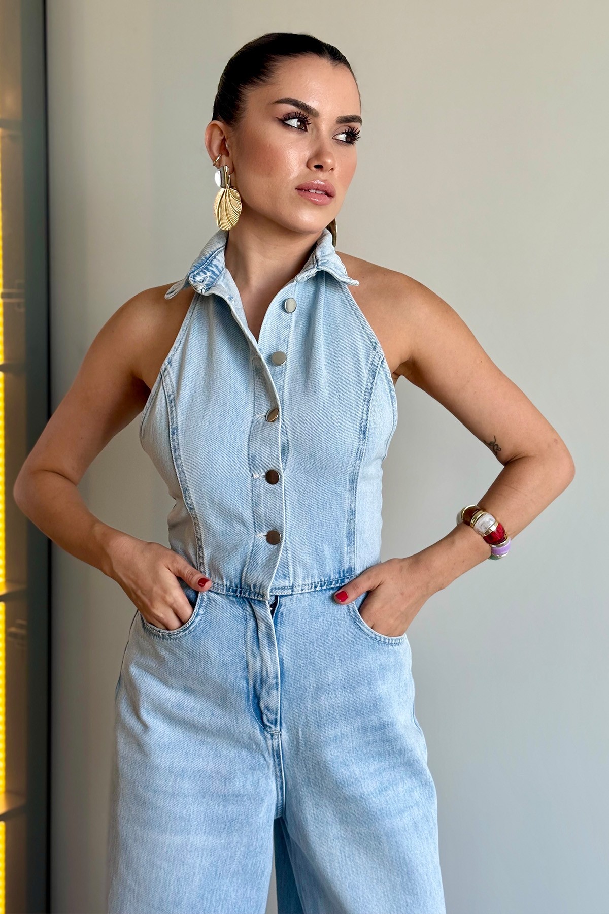 Boyundan Bağlamalı Denim Tulum