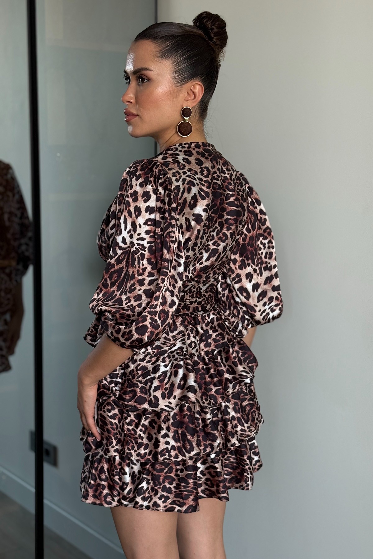 Fırfırlı Leopar Elbise