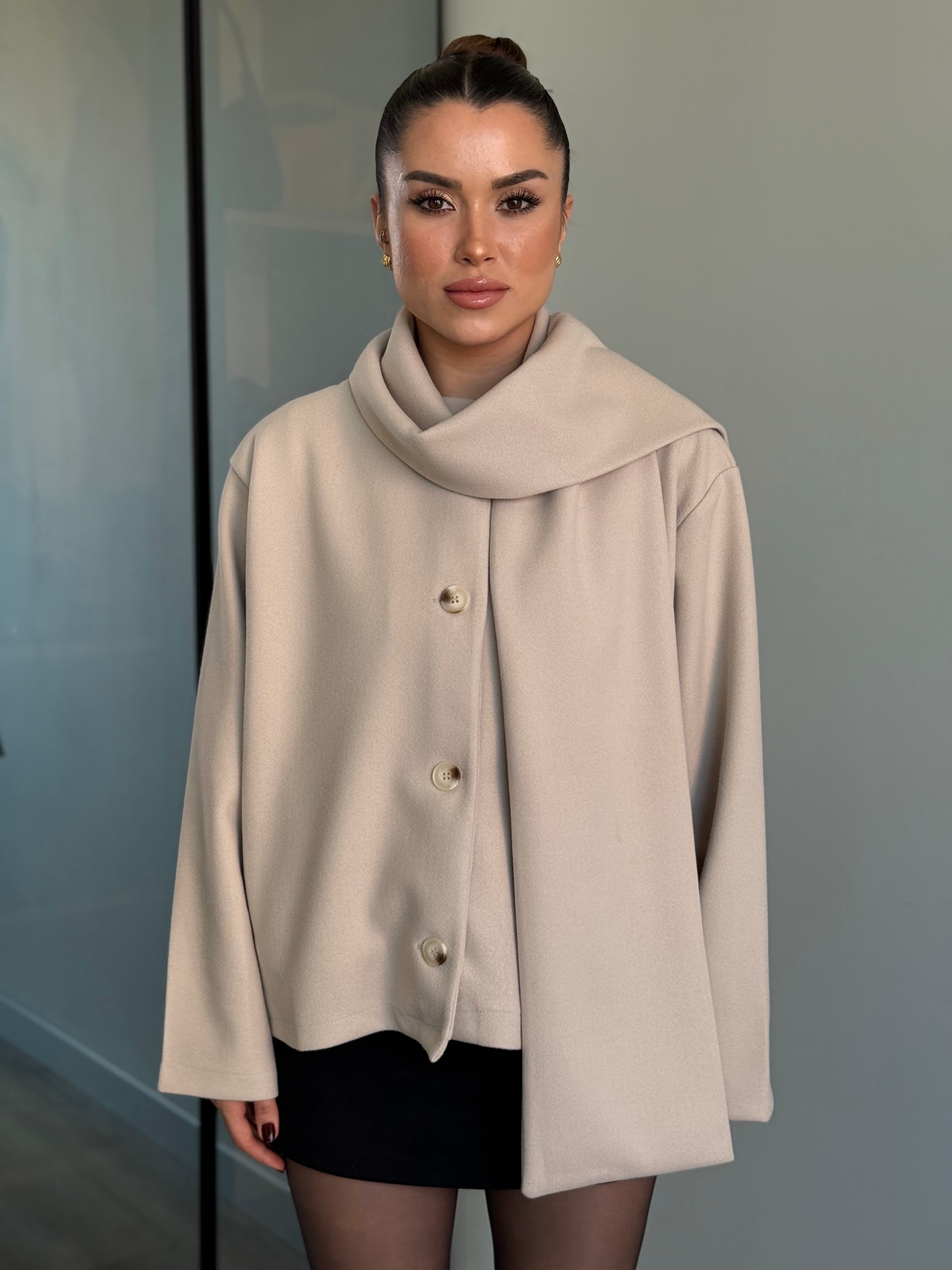 Şal Detay Kaşe Kaban - krem