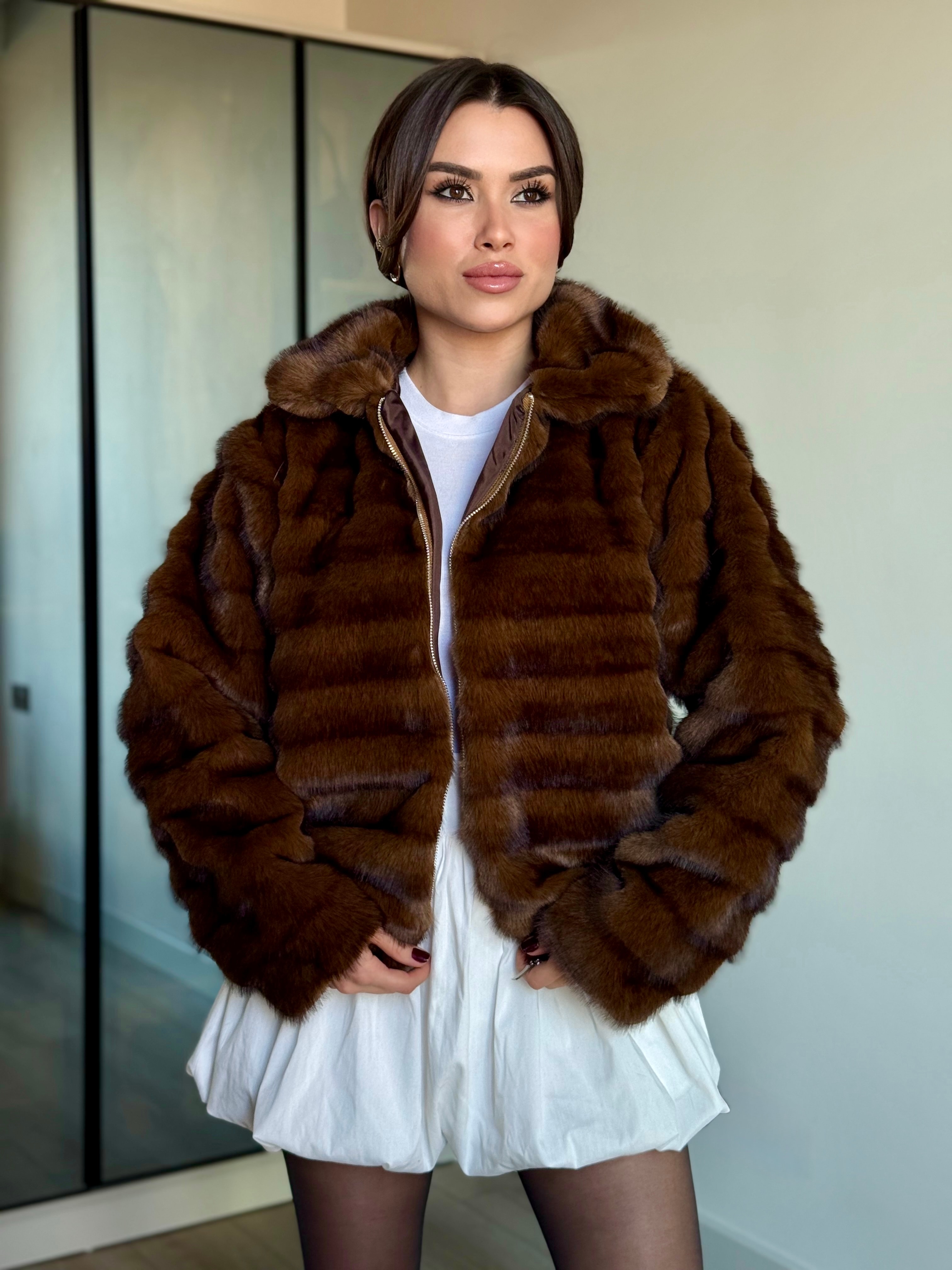 Fermuarlı Suni Kürk Kadın Ceket - kahverengi