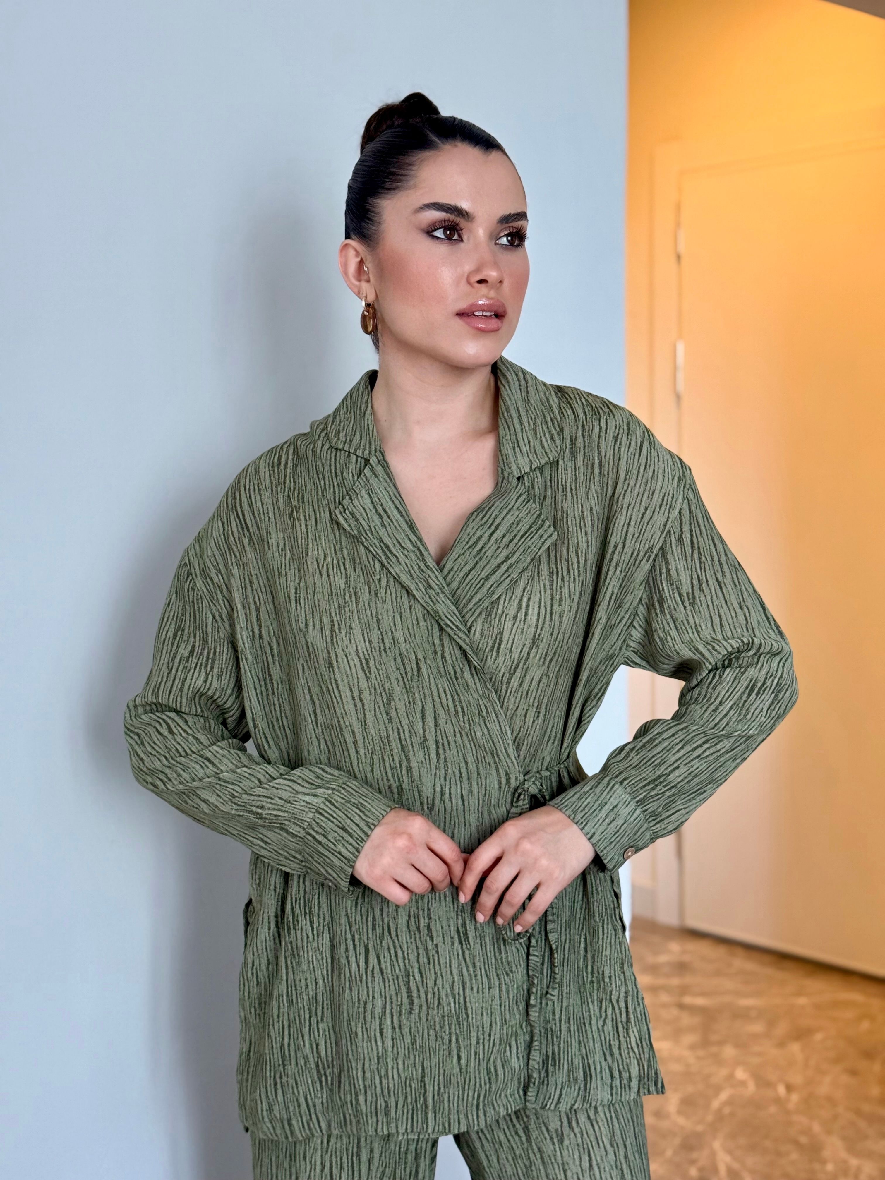 Haki Beli Lastikli Üst-Alt Pantolon Takım