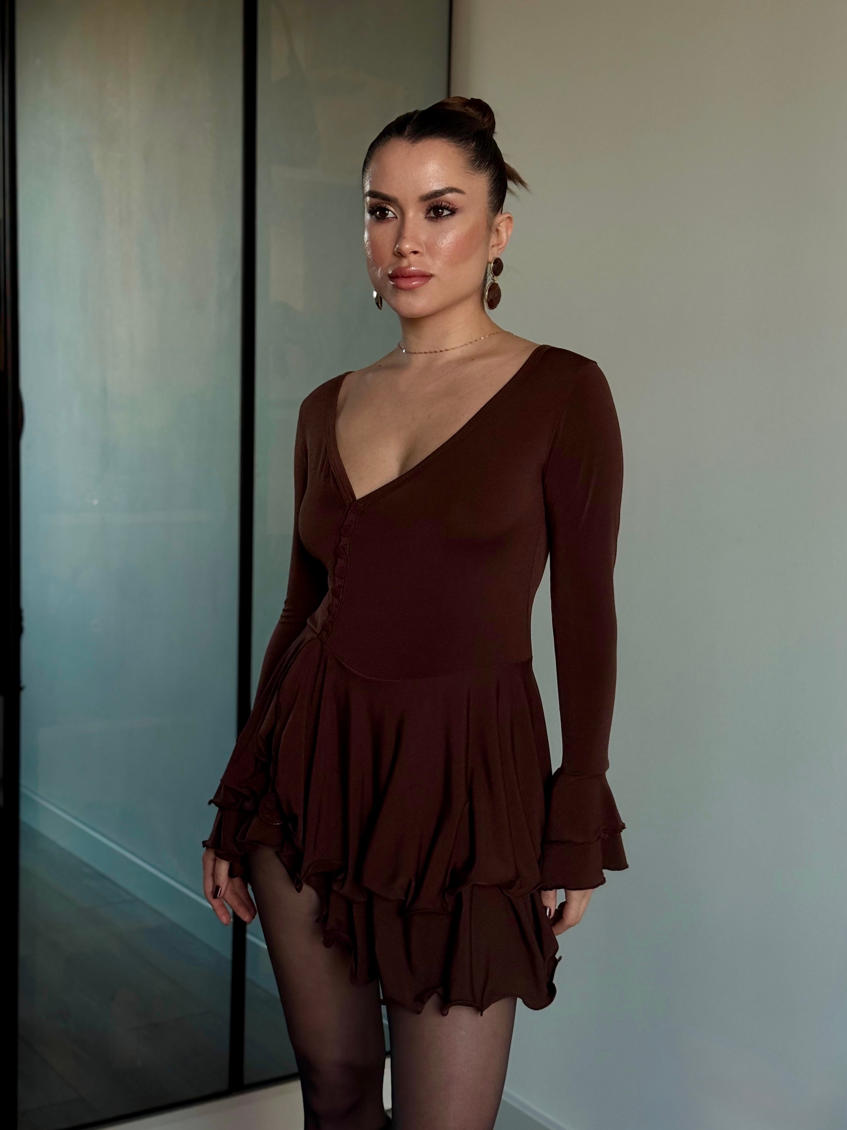 Şortlu Fırfır Elbise - Acı kahve