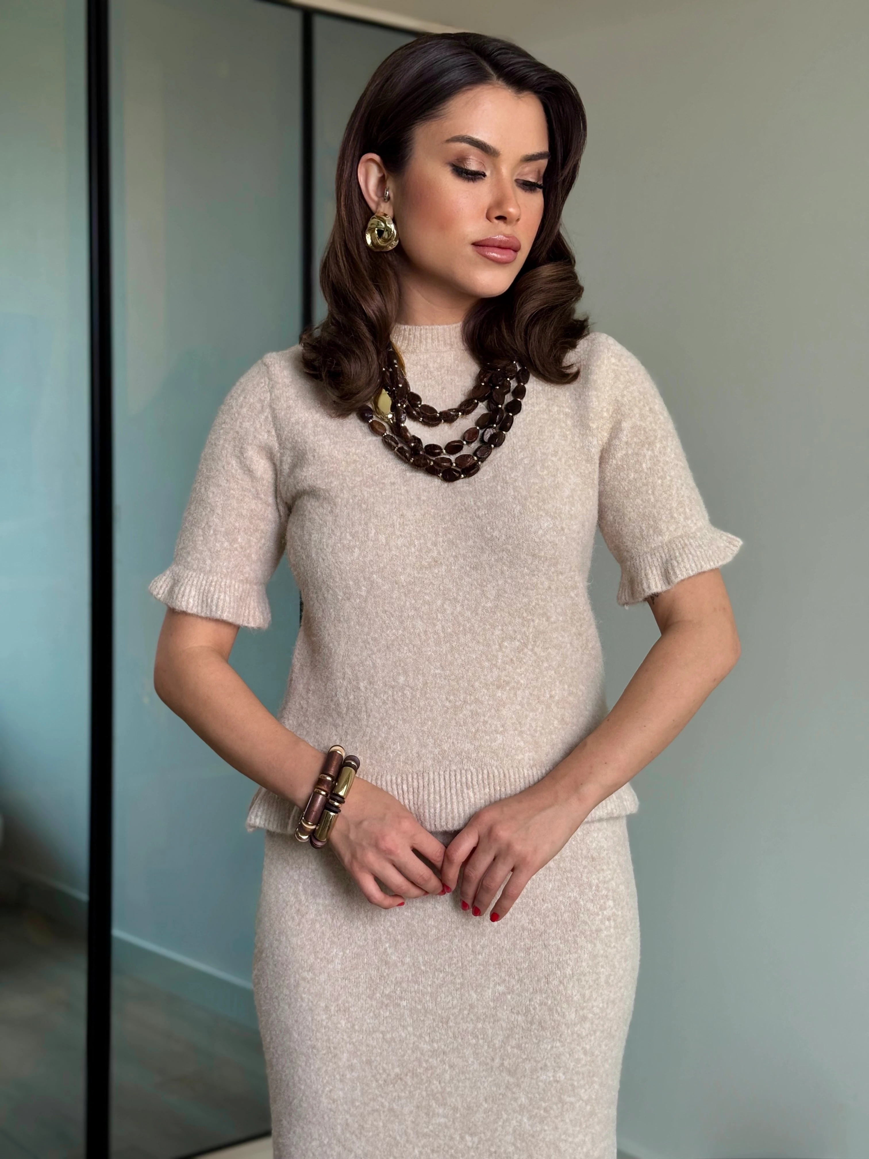 Etek-Bluz Triko Takım - krem