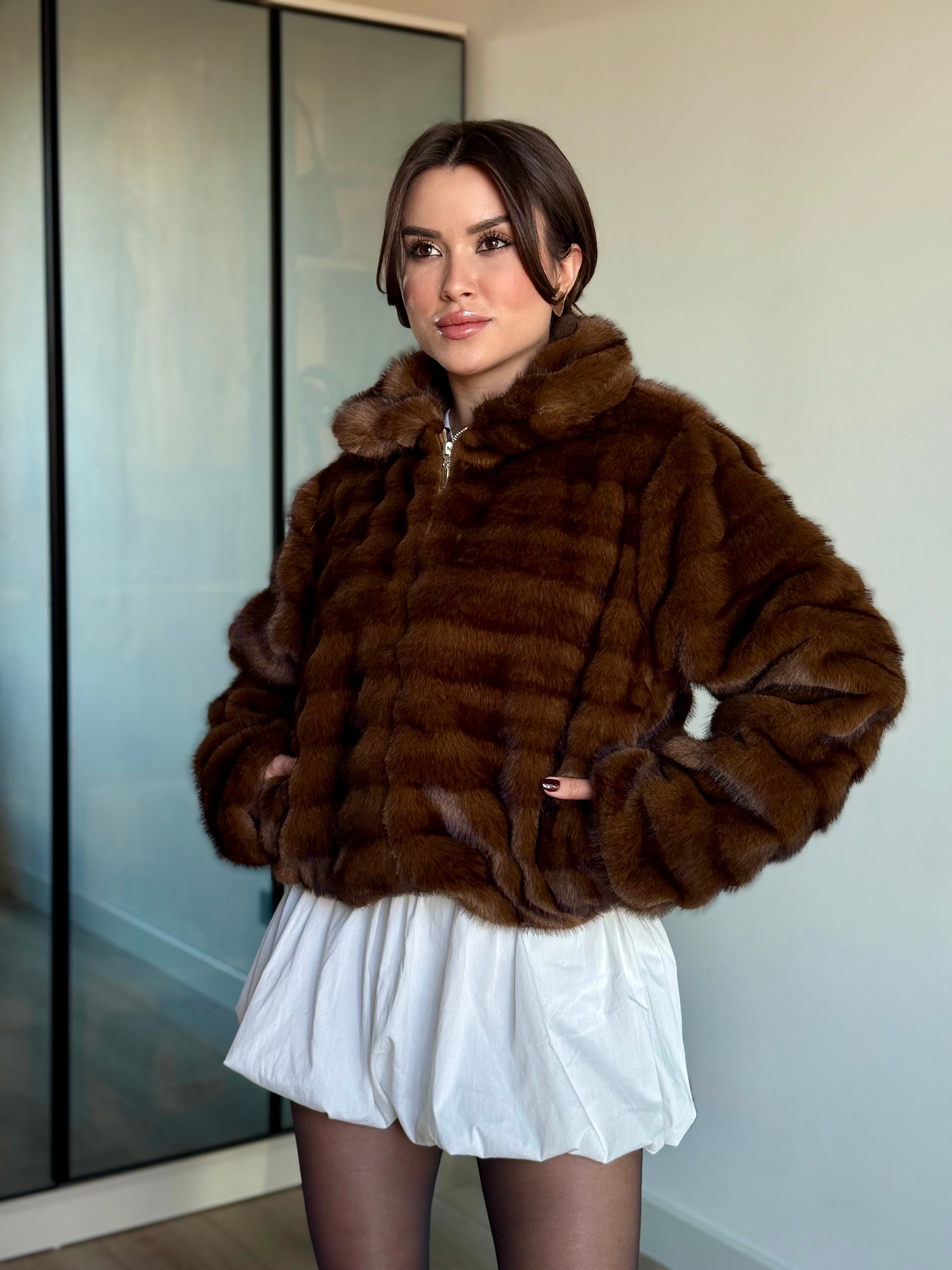 Fermuarlı Suni Kürk Kadın Ceket - kahverengi