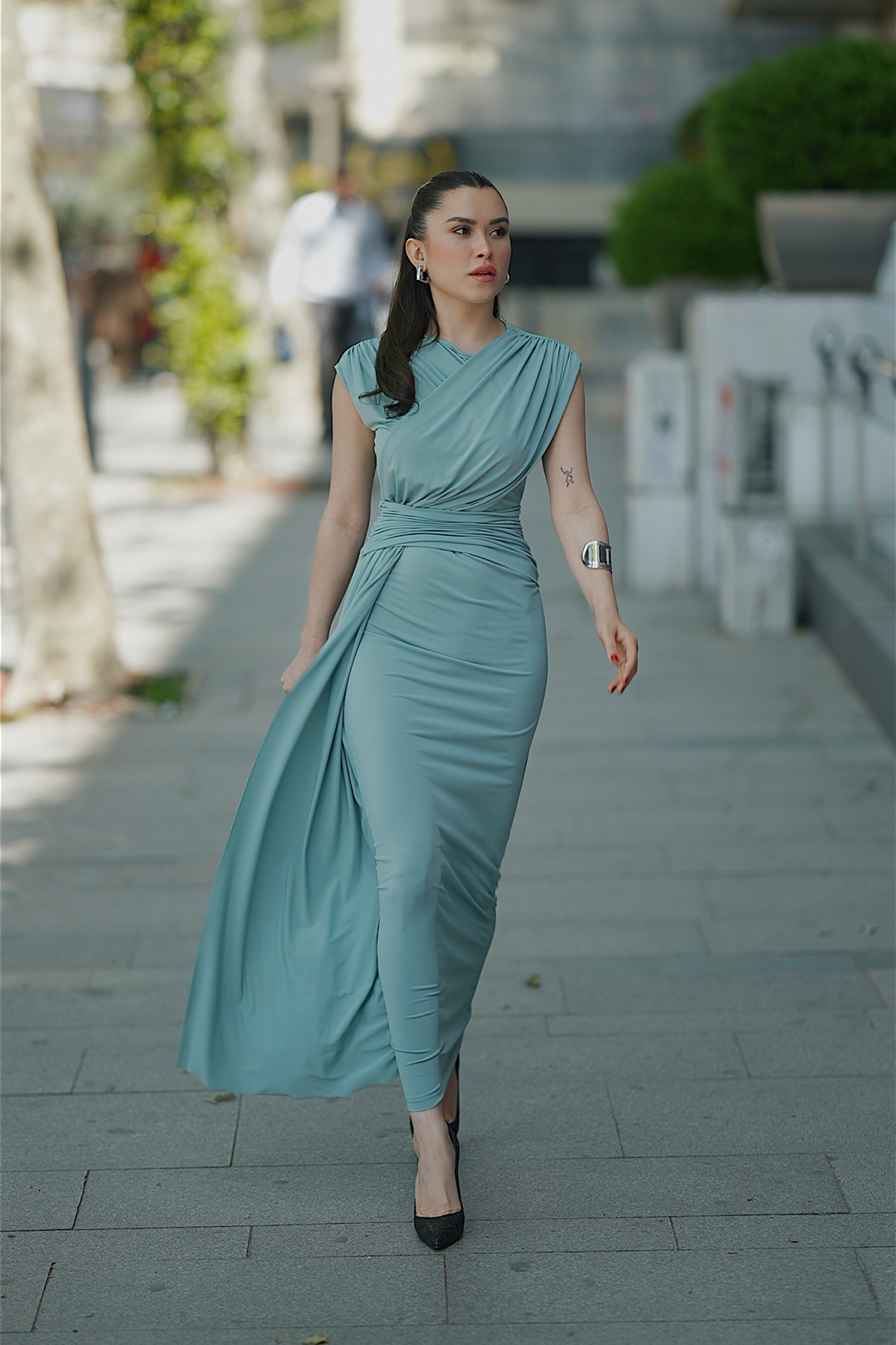 Şal Yaka Büzgü Detaylı Elbise - Mint Yeşili