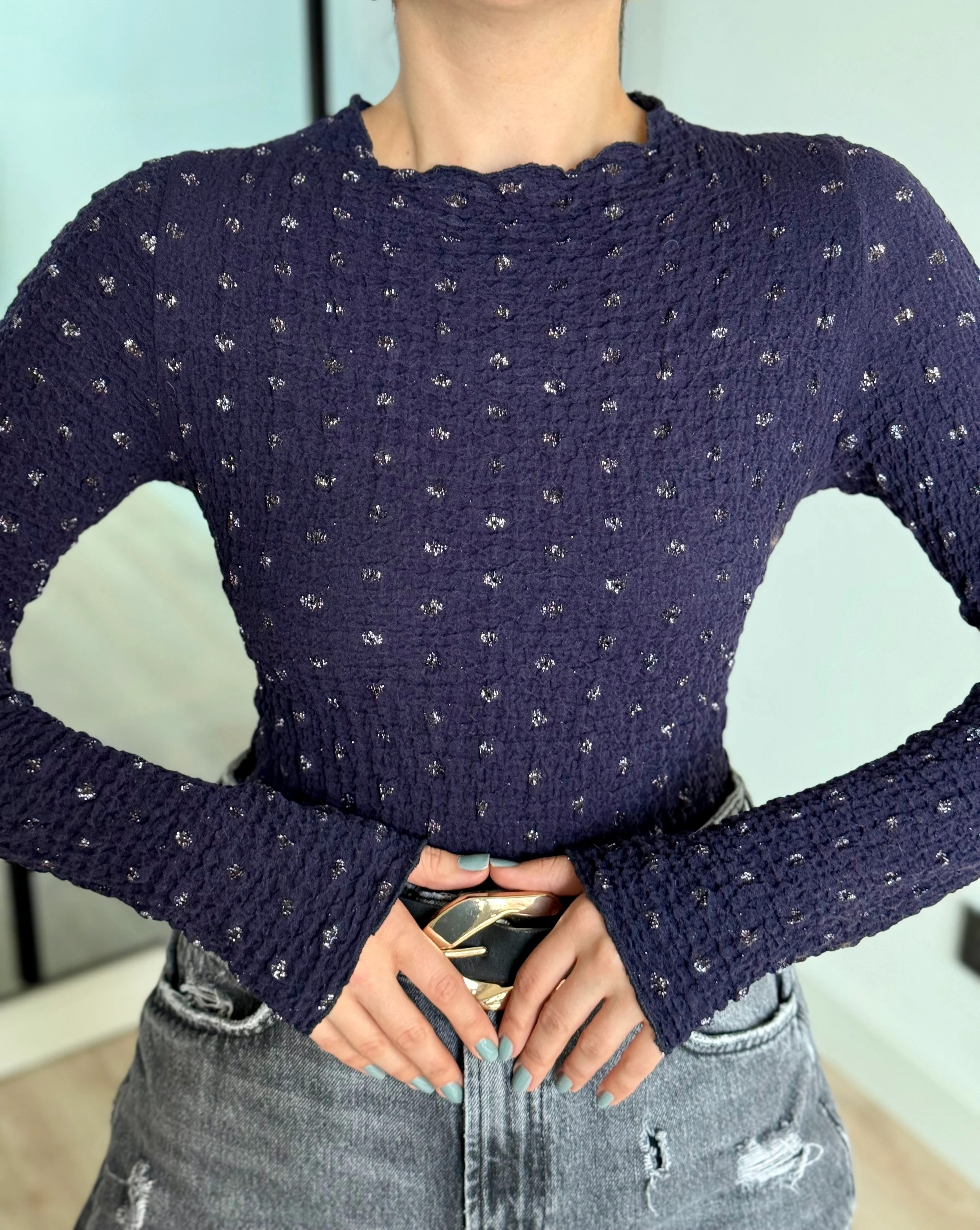 Simli Transparan Bluz - Lacivert