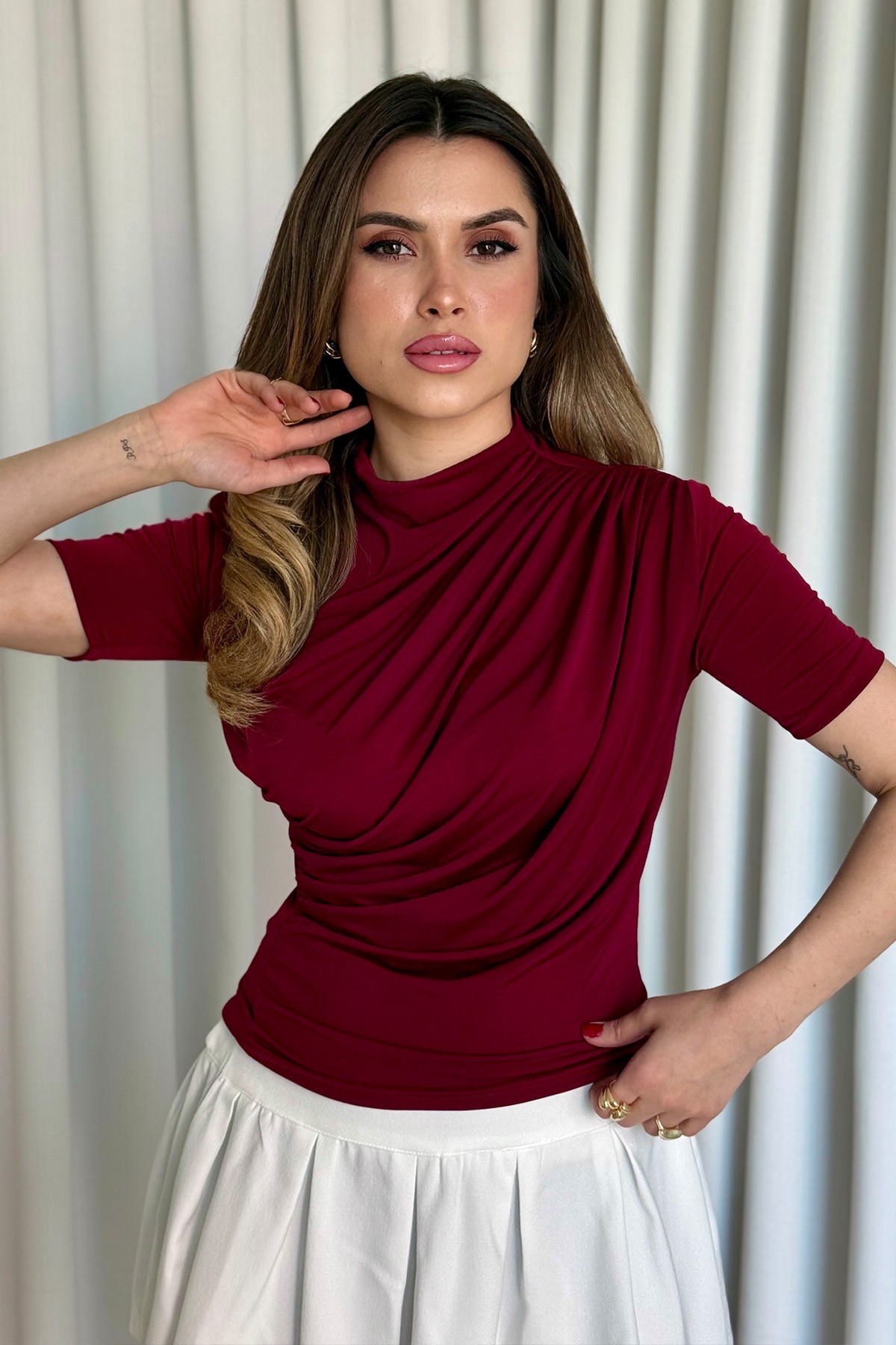Büzgülü Sandy Bluz - Bordo
