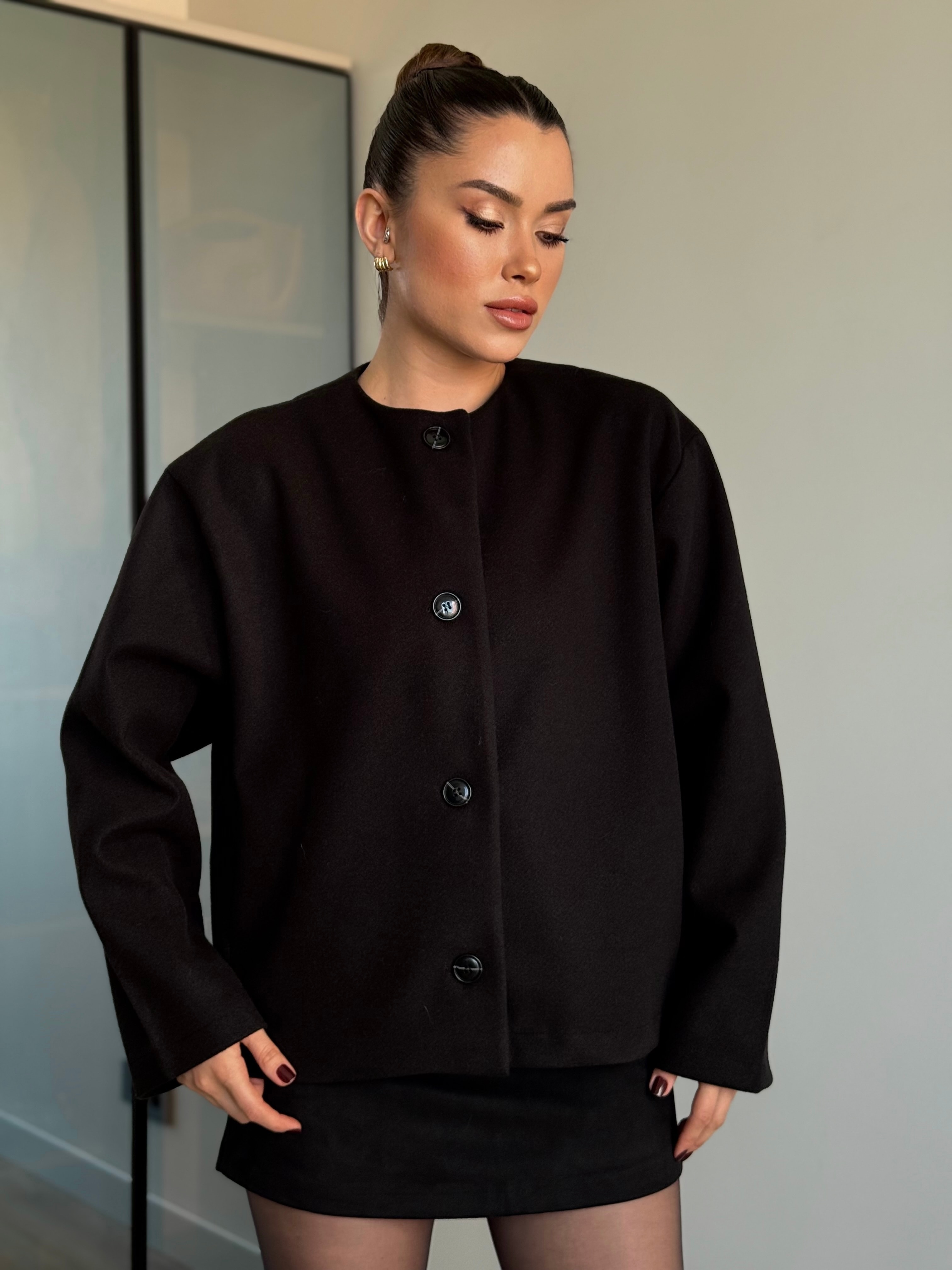 Şal Detay Kaşe Kaban - Siyah