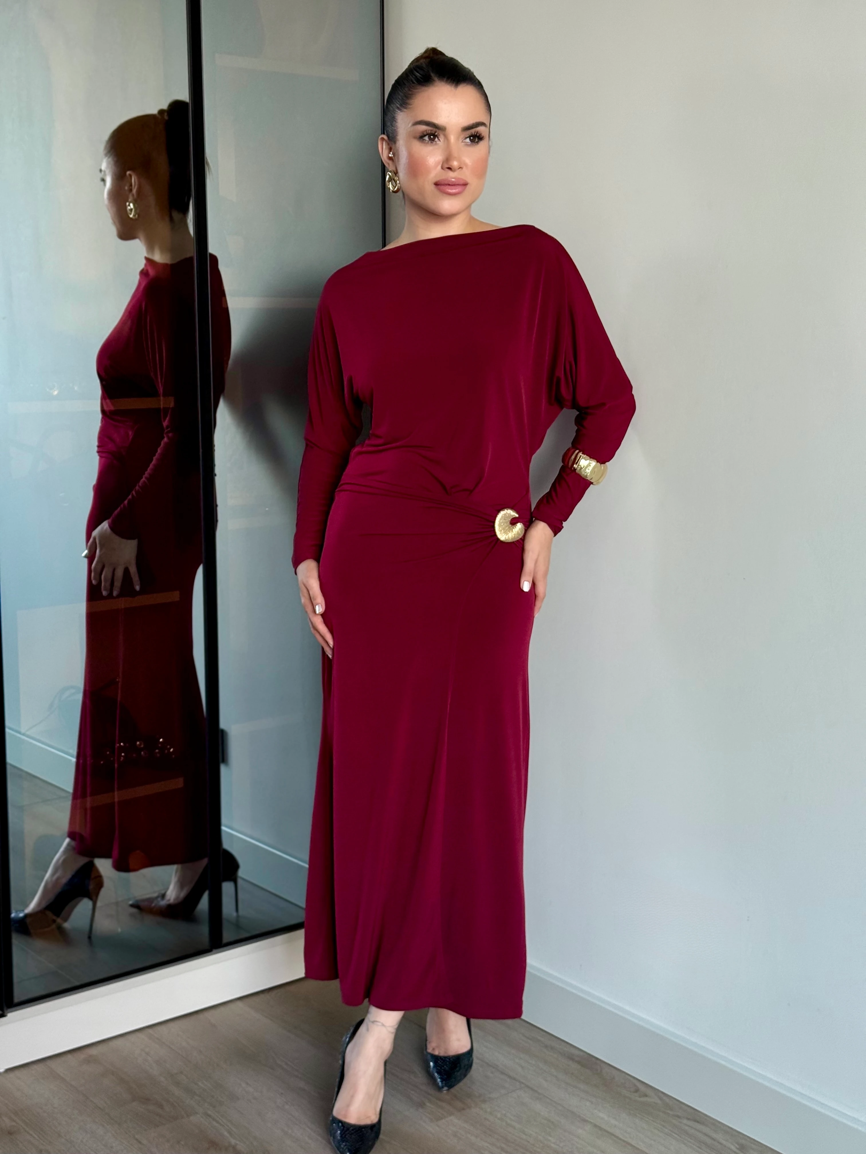 Yarasa Kol Toka Detay Elbise - Bordo