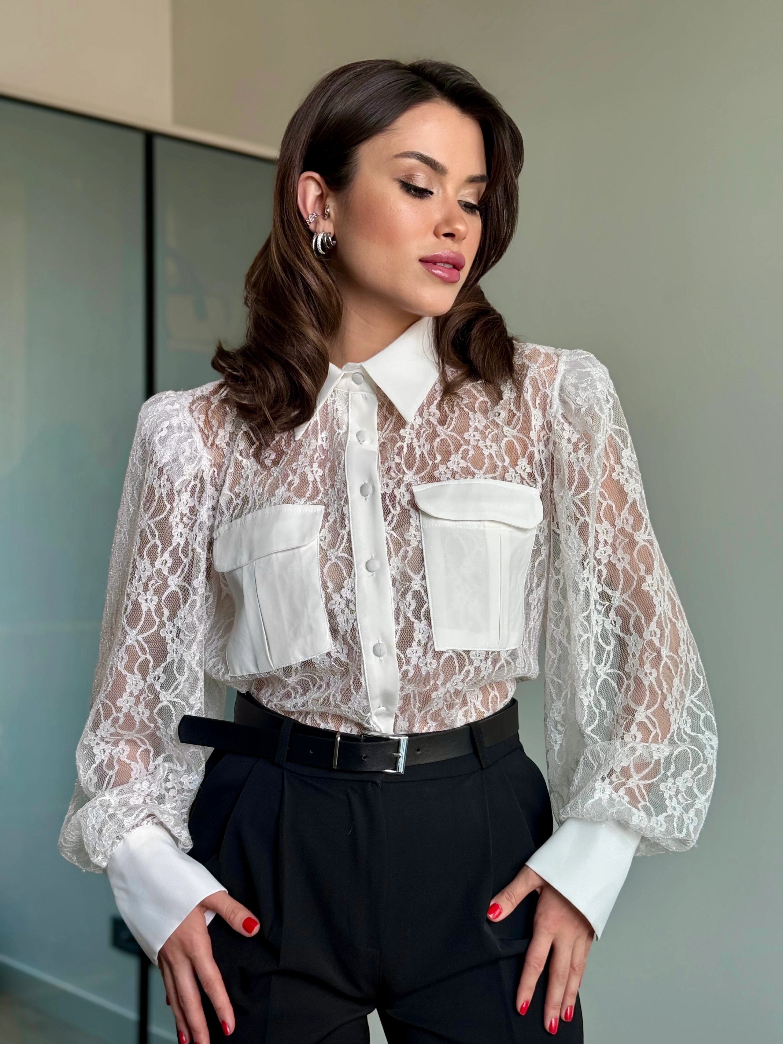 Simli Güpür Gömlek - beyaz