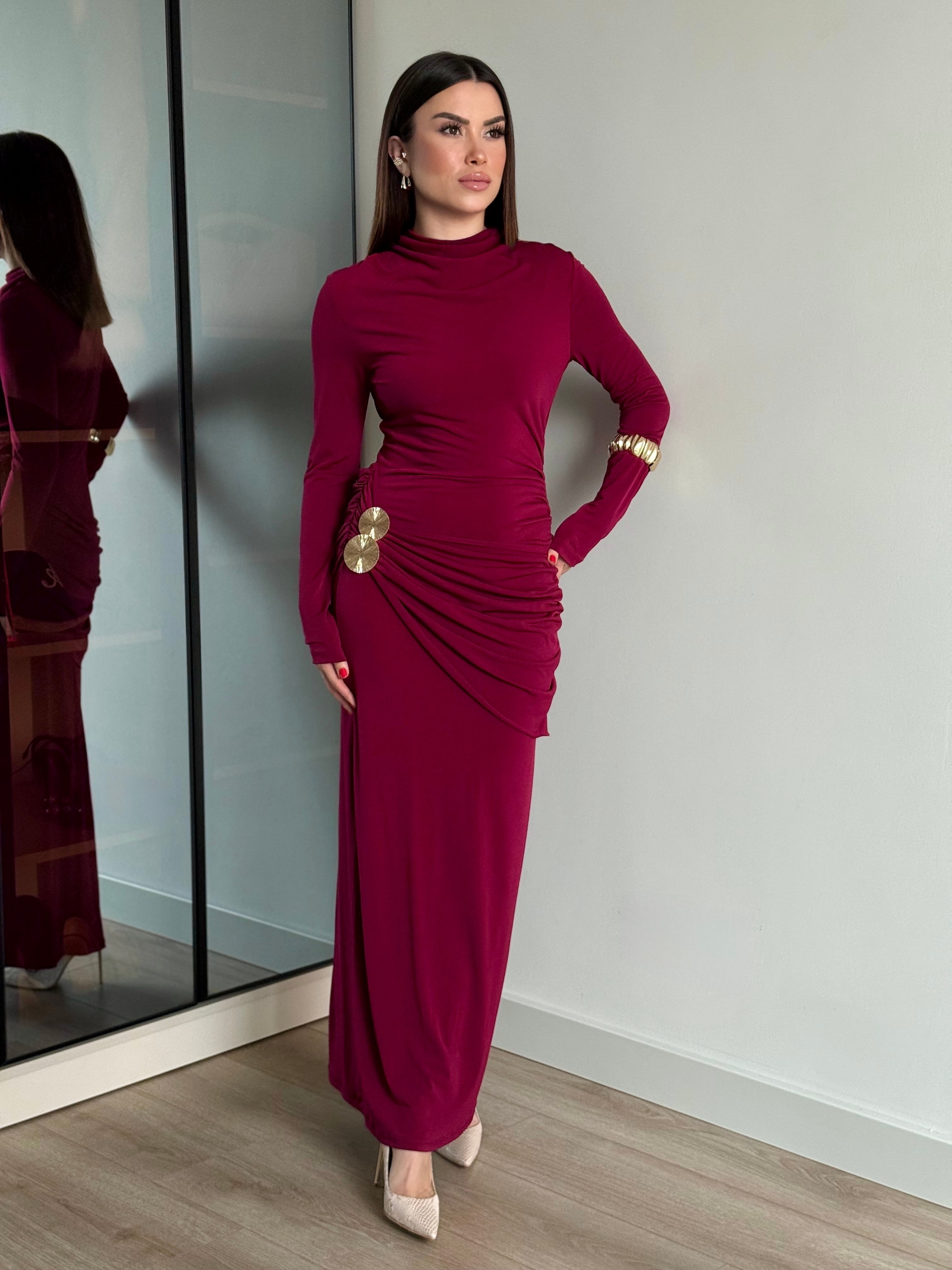 Gold Touch Maxi Elbise - Bordo