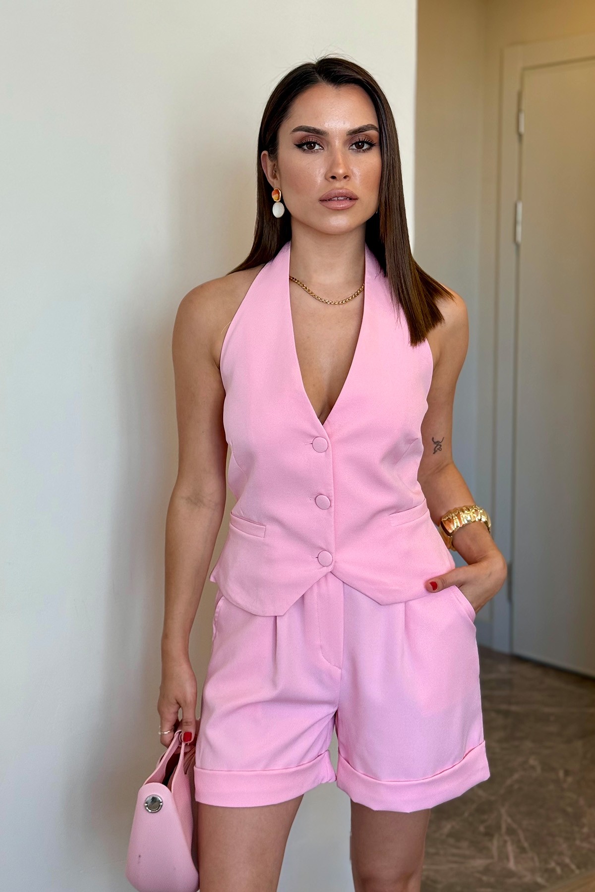 Kolsuz Şort Takım - Pembe