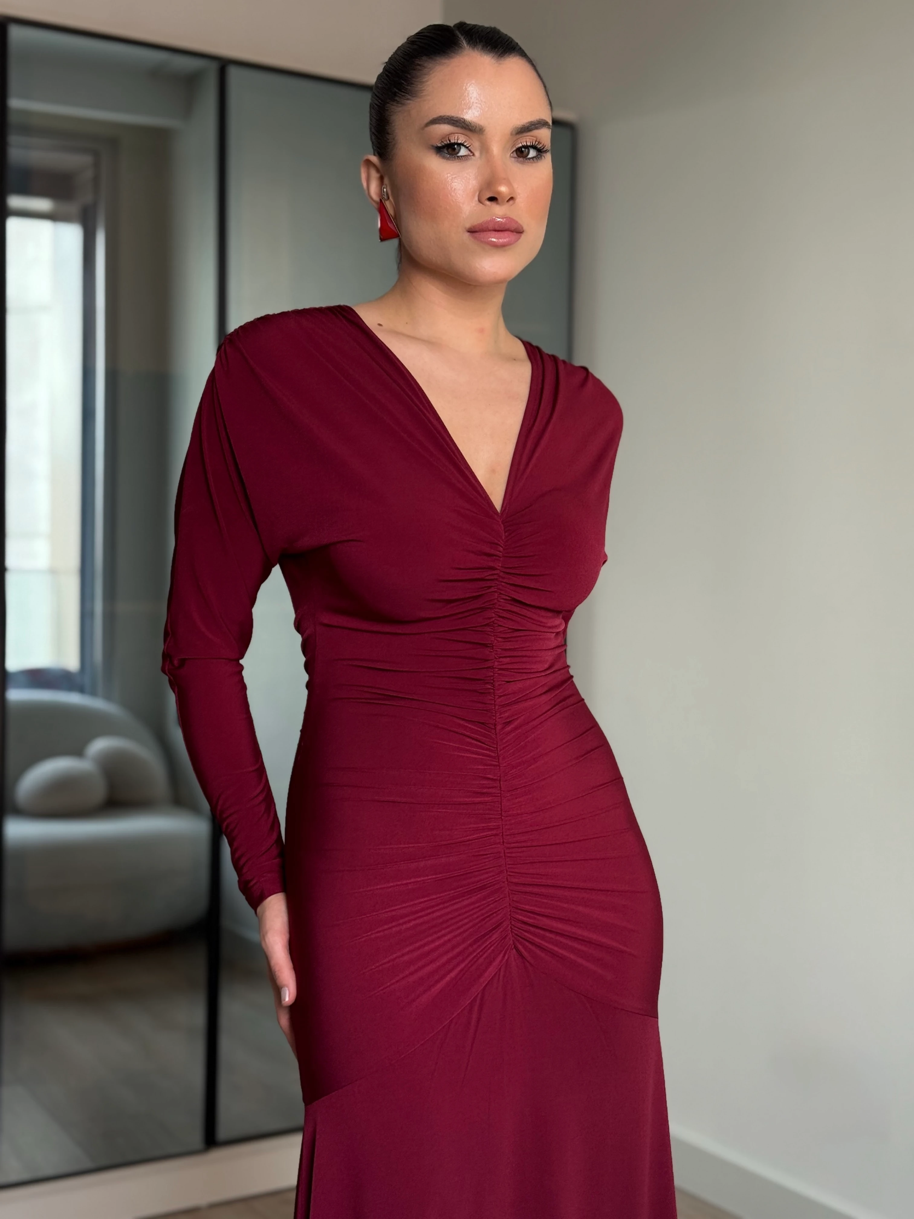 Sırt Bağlama Detay Büzgülü Elbise - Bordo