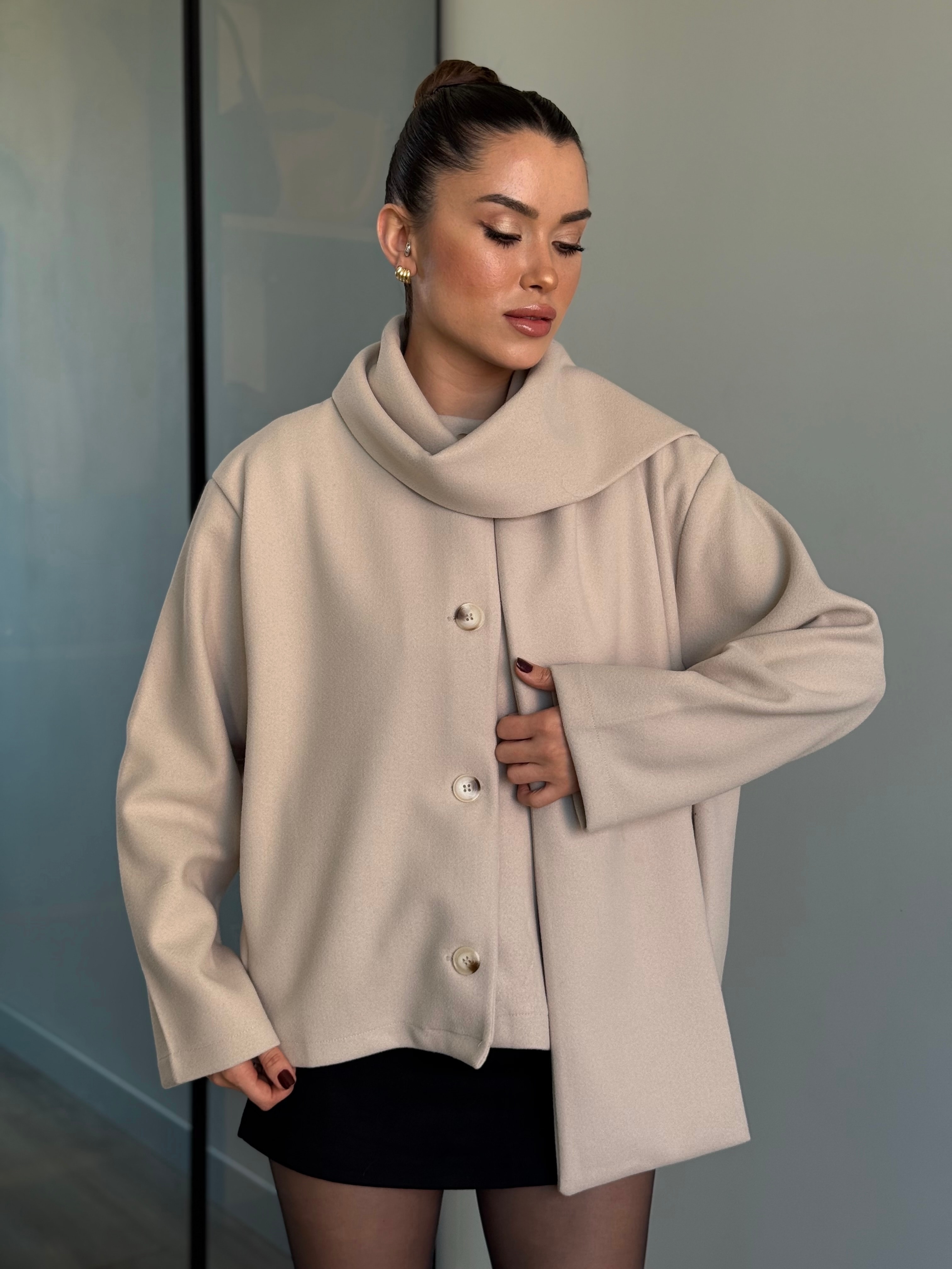 Şal Detay Kaşe Kaban - krem