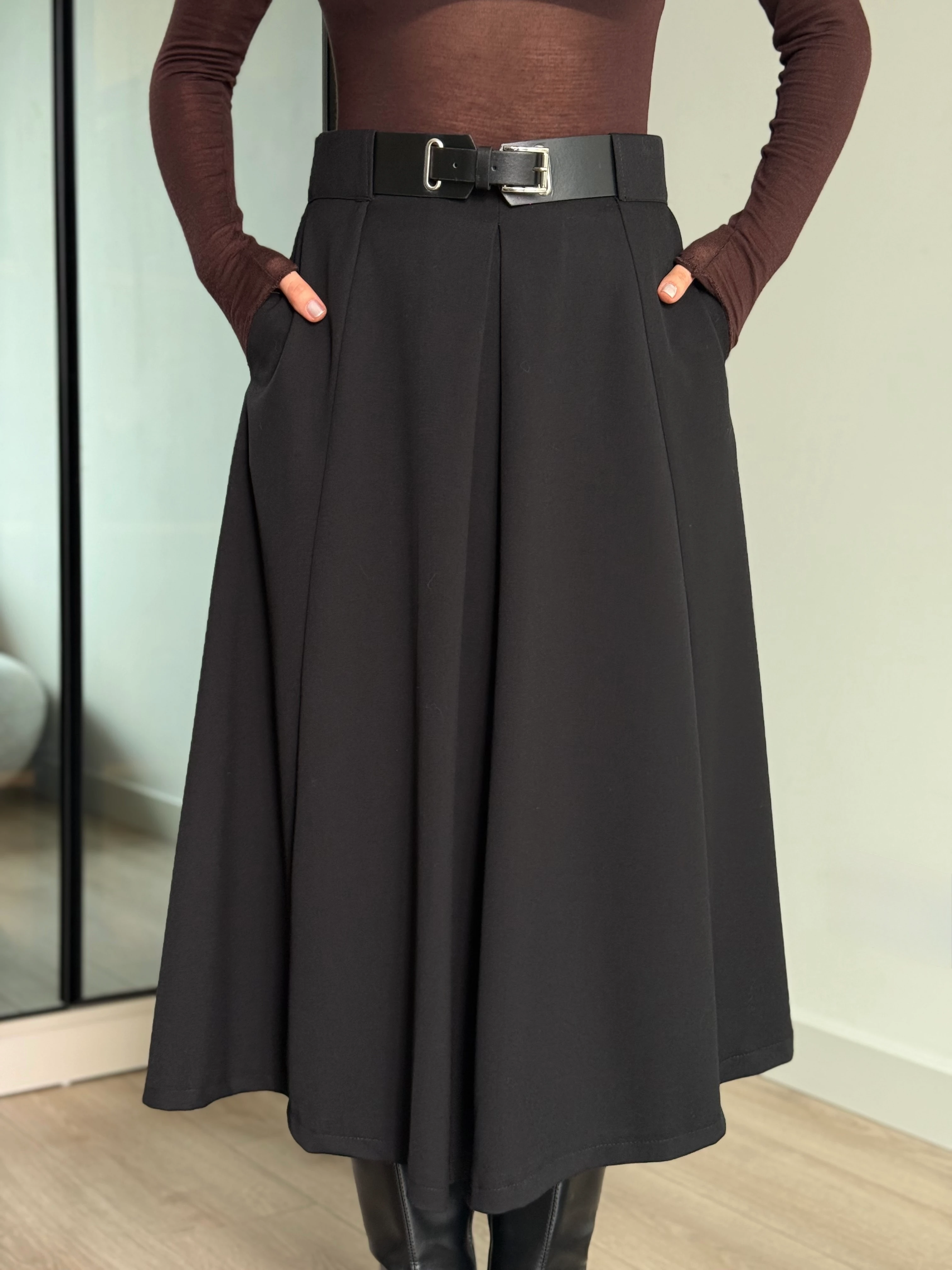 Kemerli Midi Boy Etek - Siyah