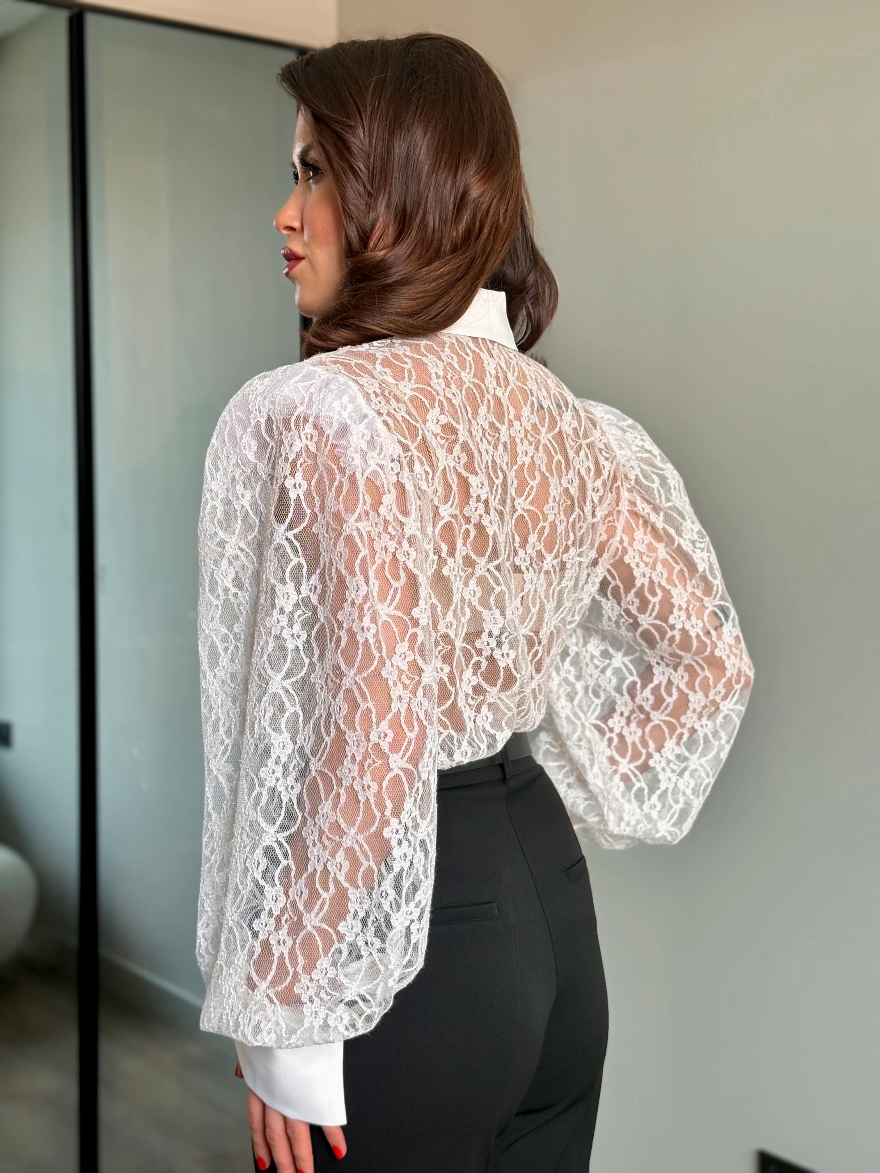 Simli Güpür Gömlek - beyaz