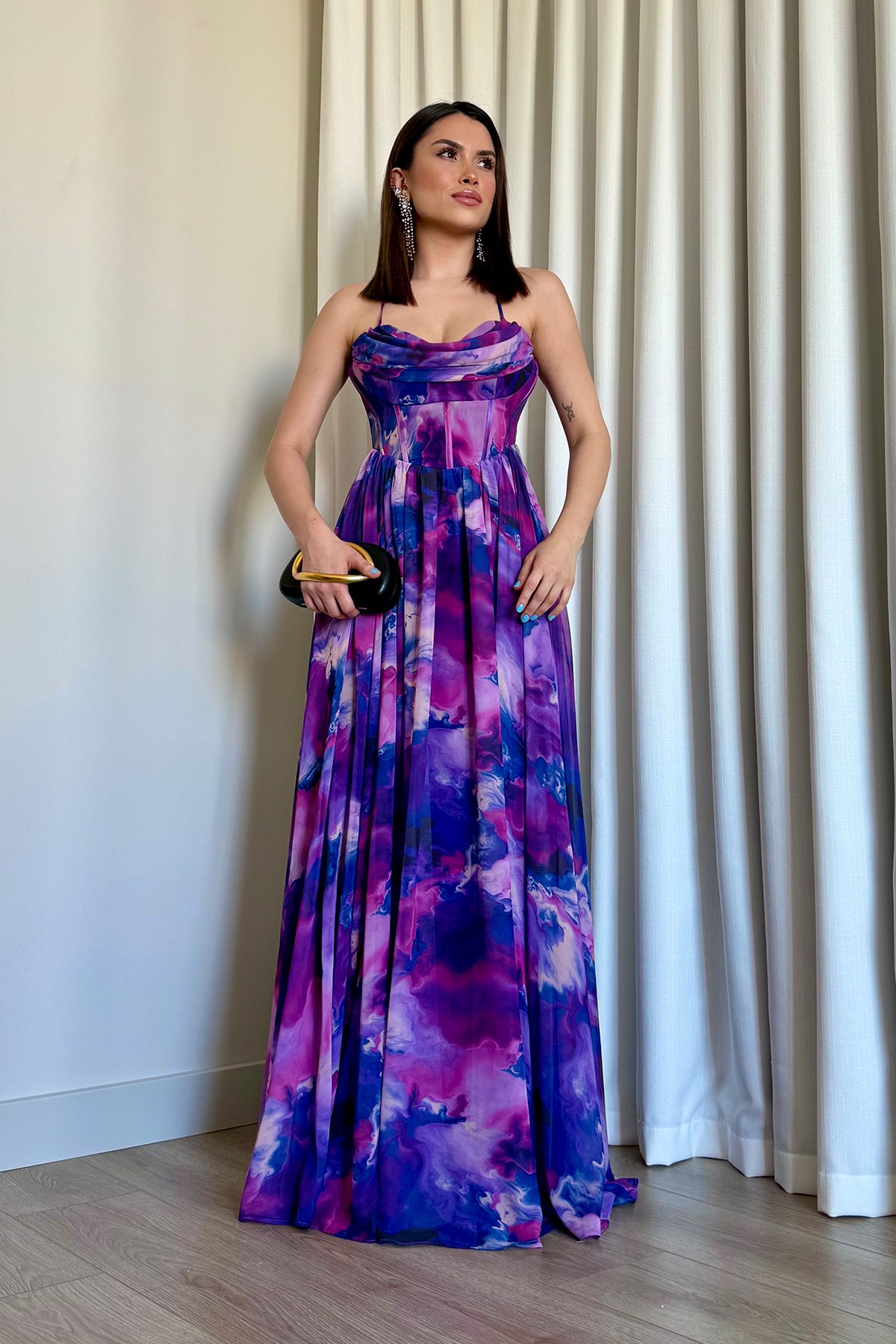 Batik Desenli Straplez askılı Abiye Elbise - Mor