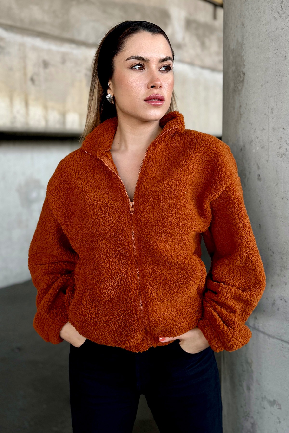 Fermuarlı Peluş Hırka - Hardal