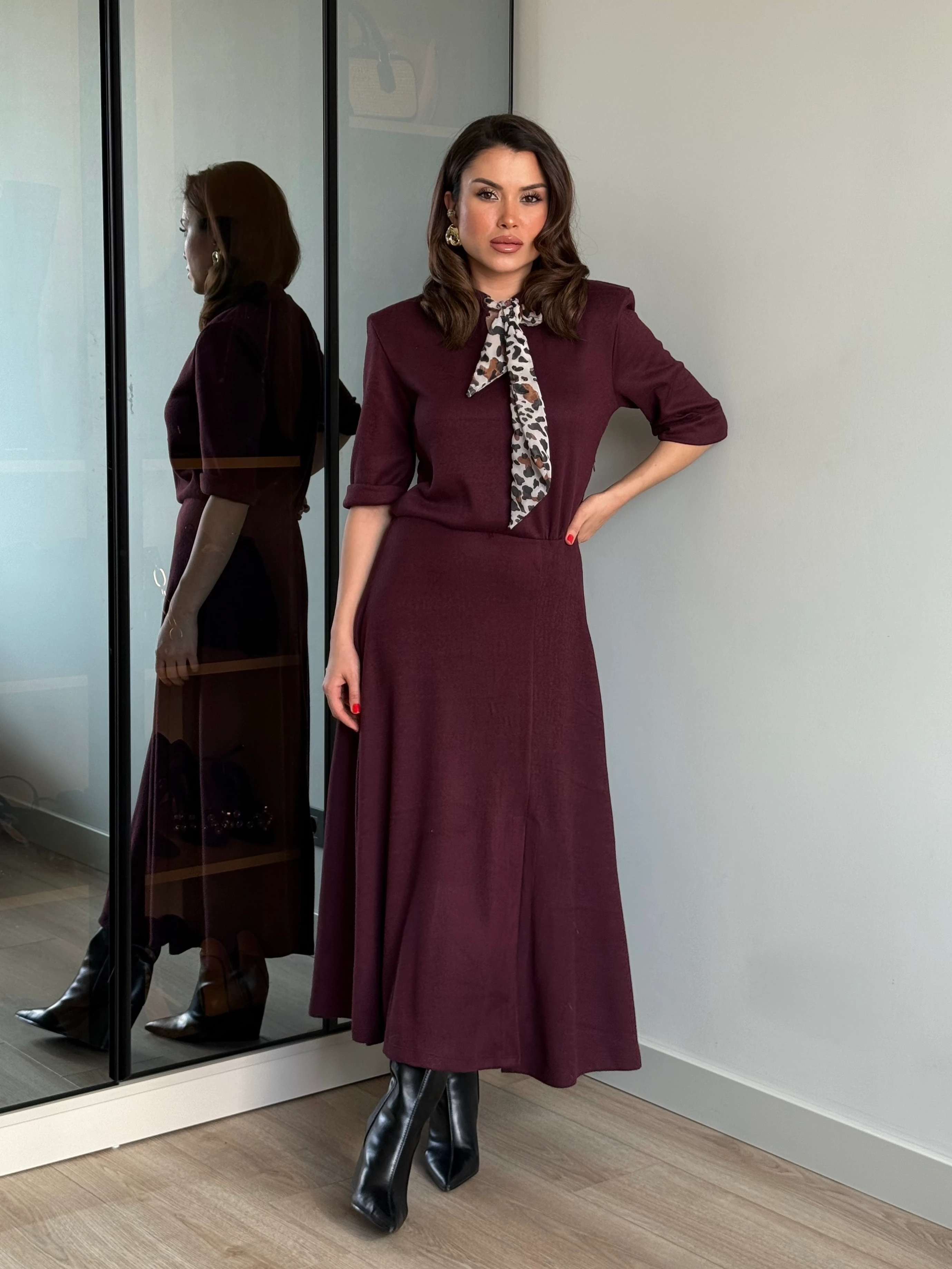 KURDELE DETAY YANDAN FERMUARLI ELBİSE - Bordo