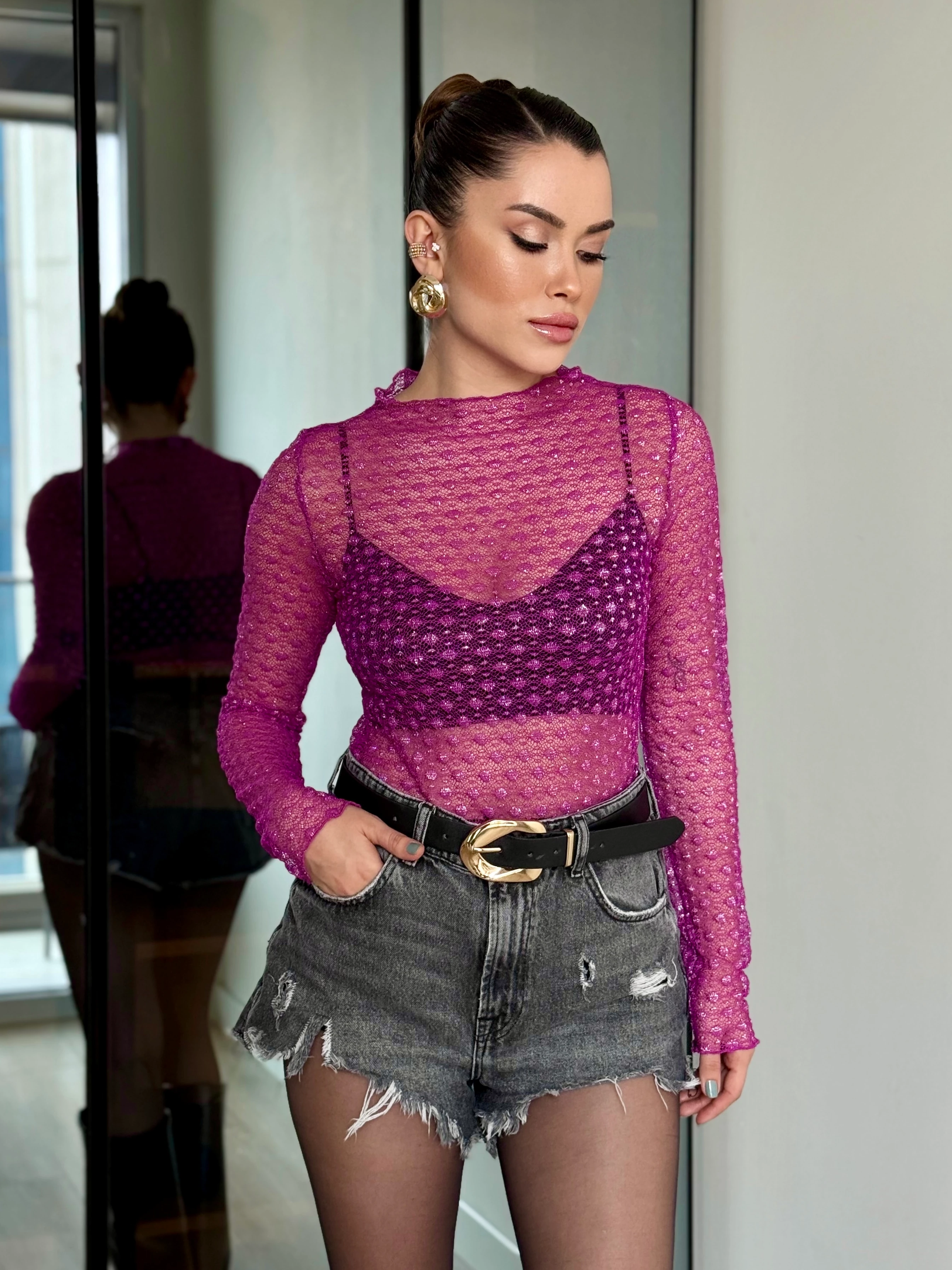 Simli Transparan Bluz - Fuşya