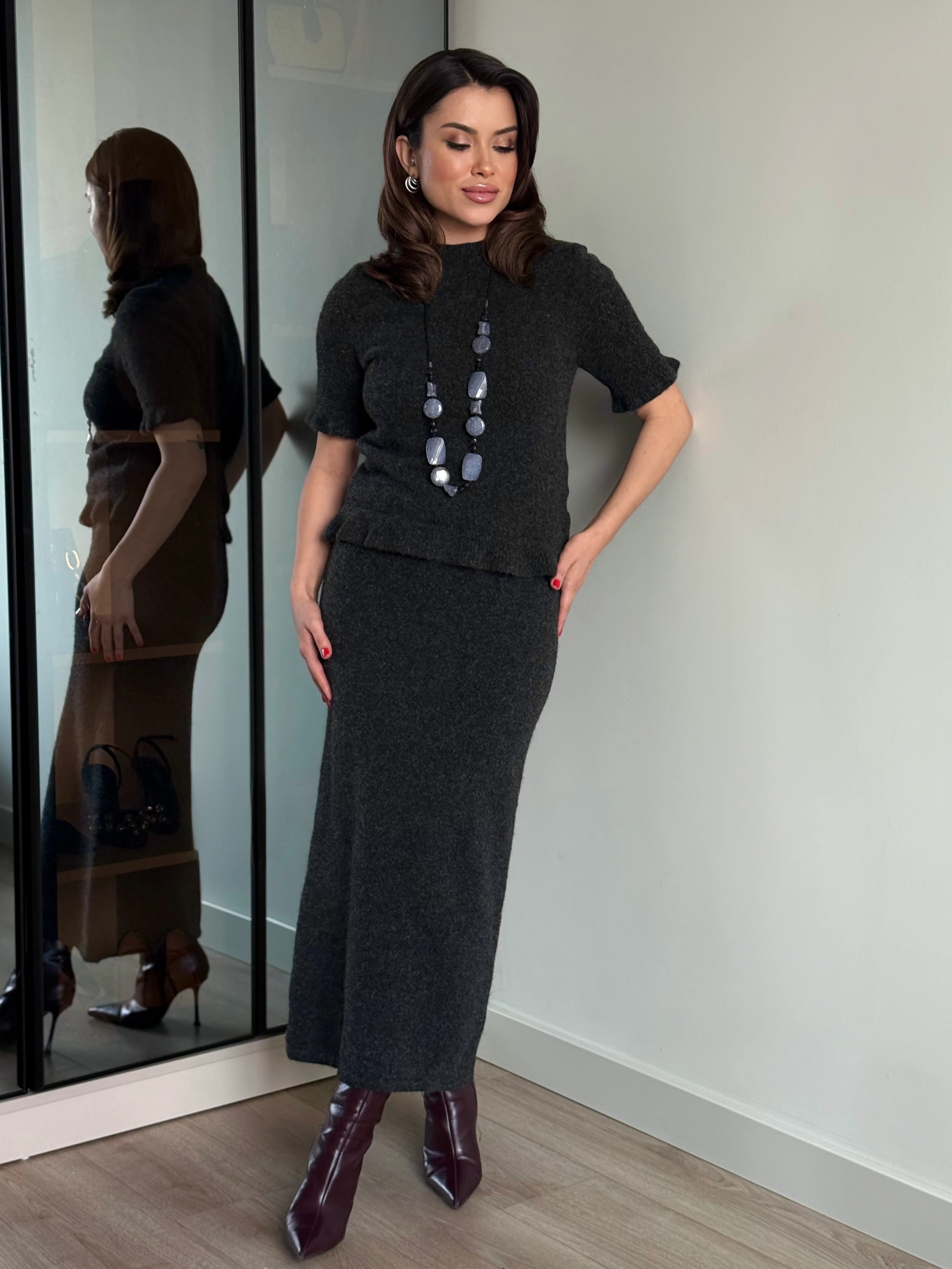 Etek-Bluz Triko Takım - Gri