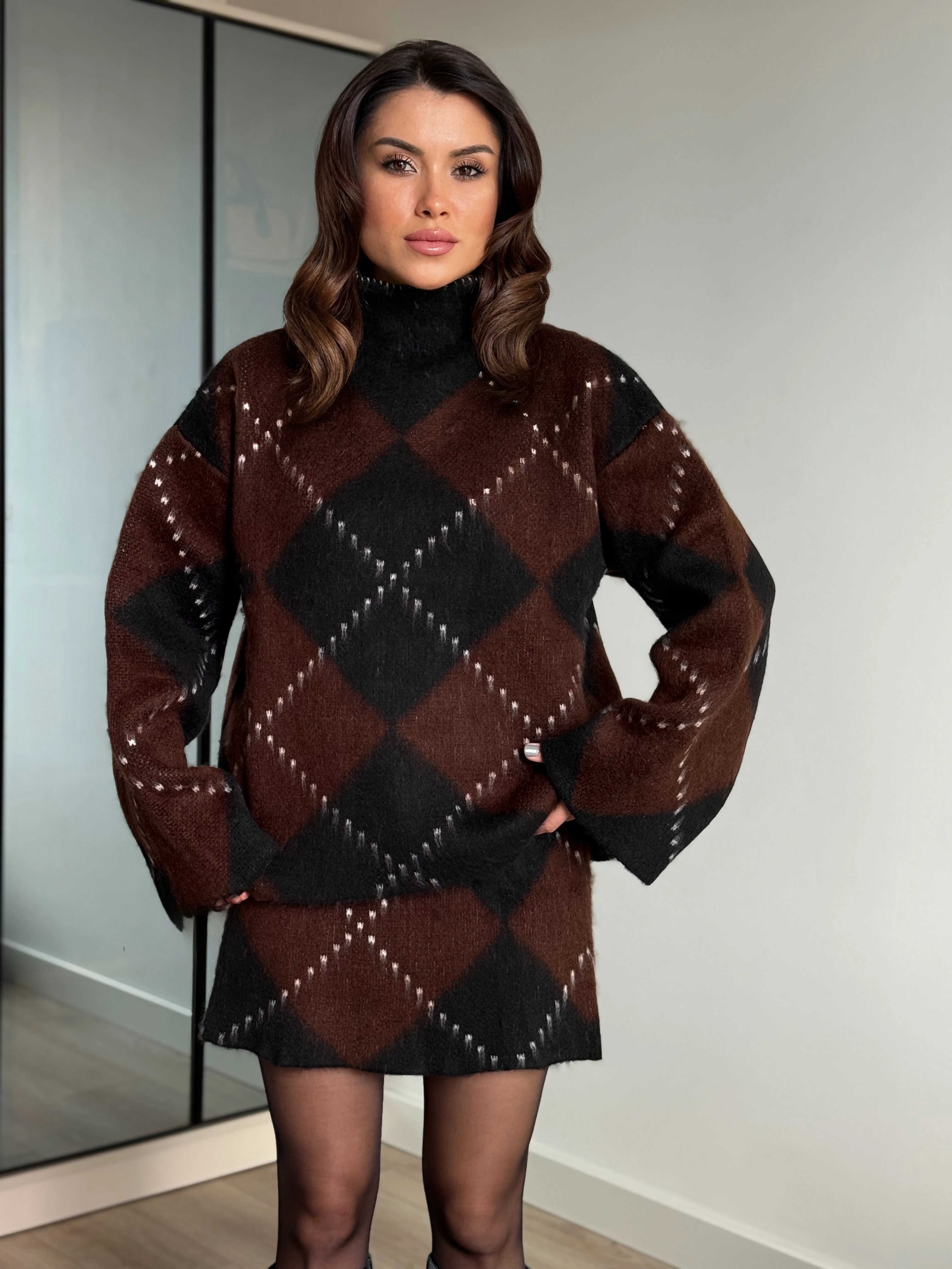 Baklava Desen İkili Takım - kahverengi