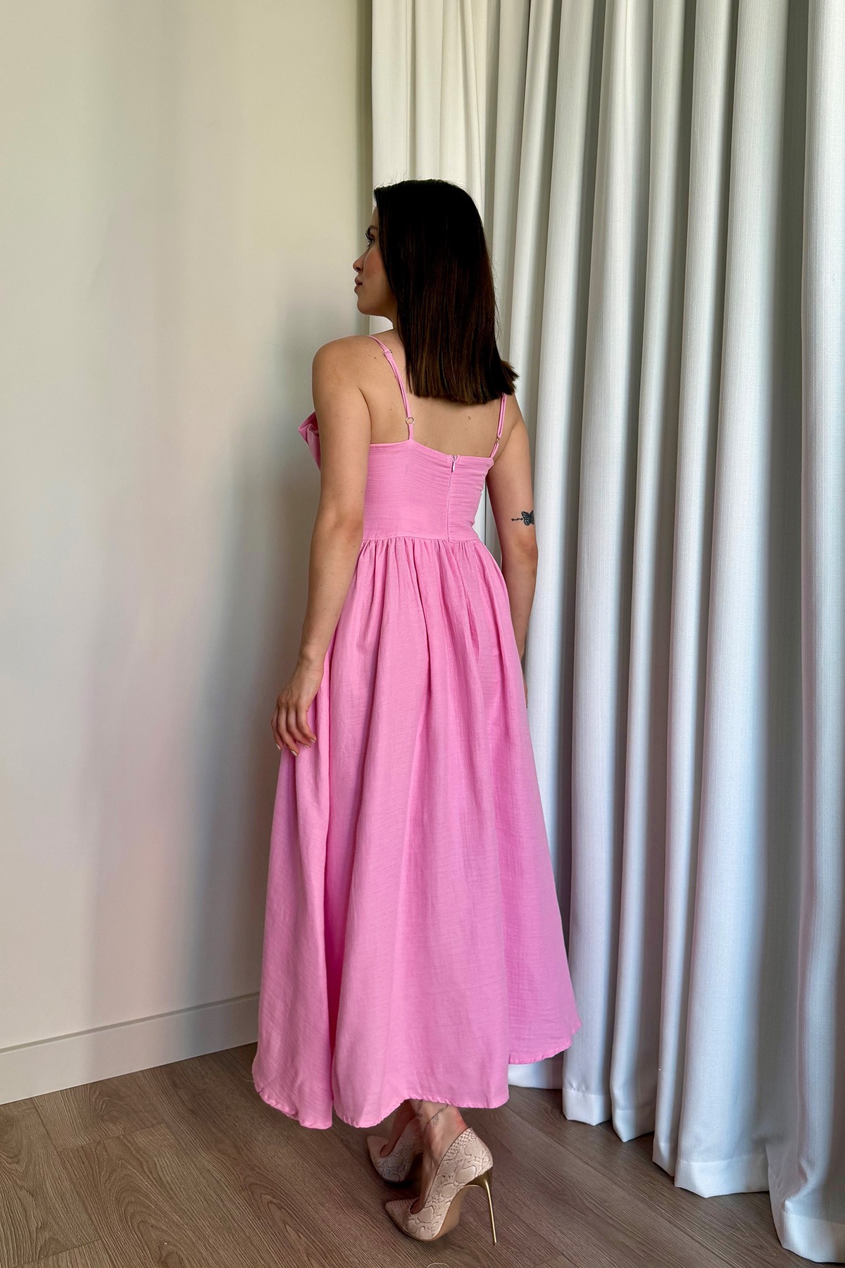Korse Detay Midi Boy Elbise - Pembe