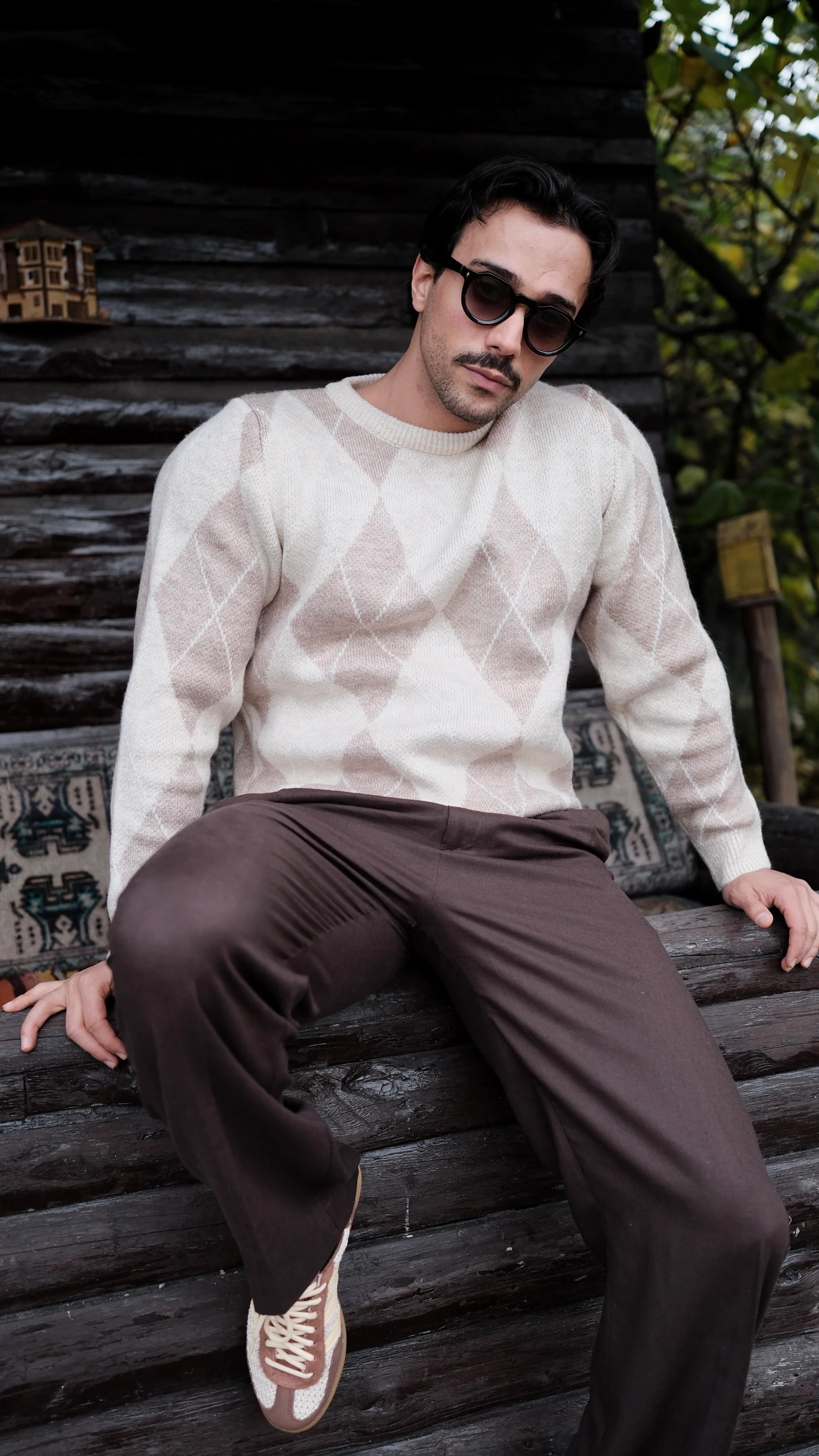 Jakarlı Baklava Desenli Kazak - Kahve-Krem image