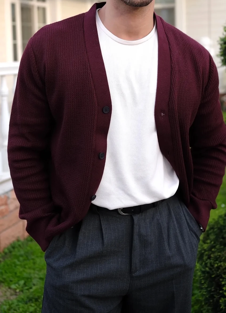 Dokulu Regular Fit Hırka - Bordo image