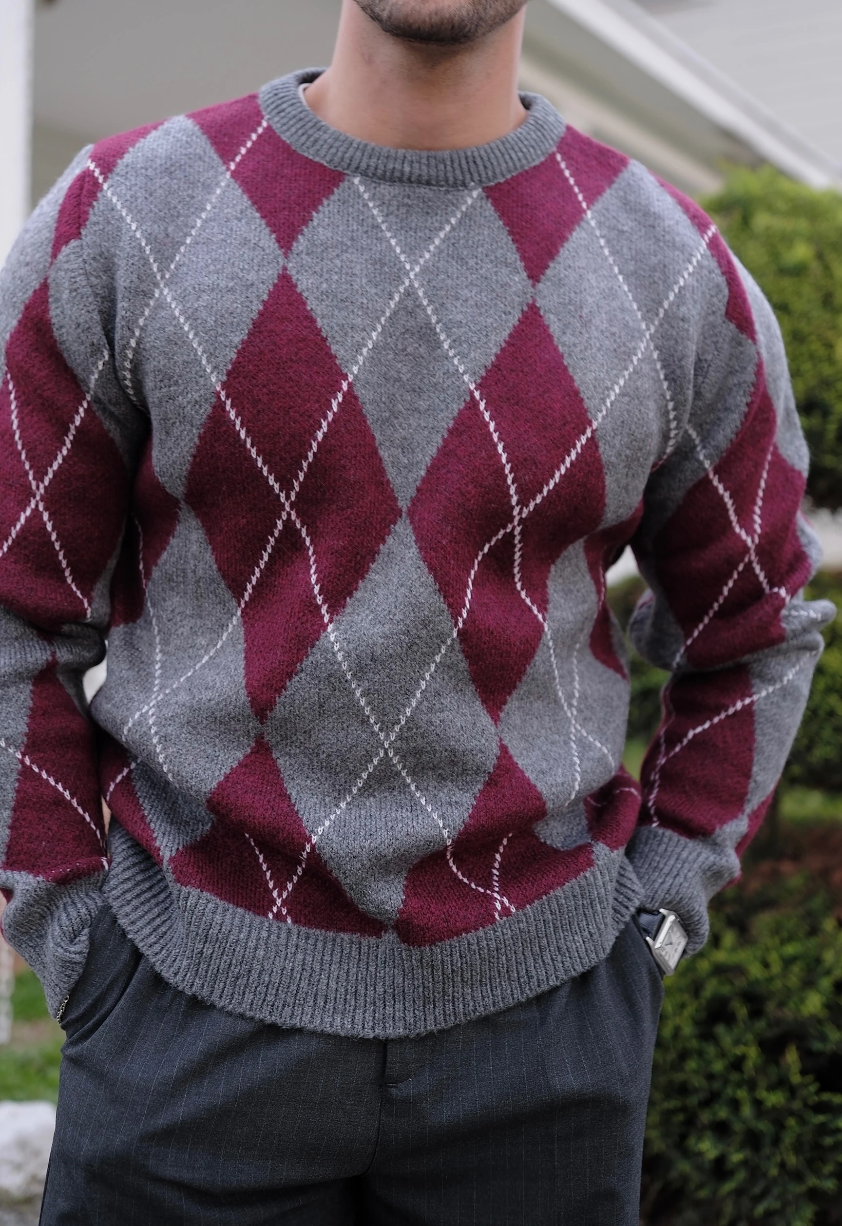 Jakarlı Baklava Desenli Kazak - Füme-Bordo image