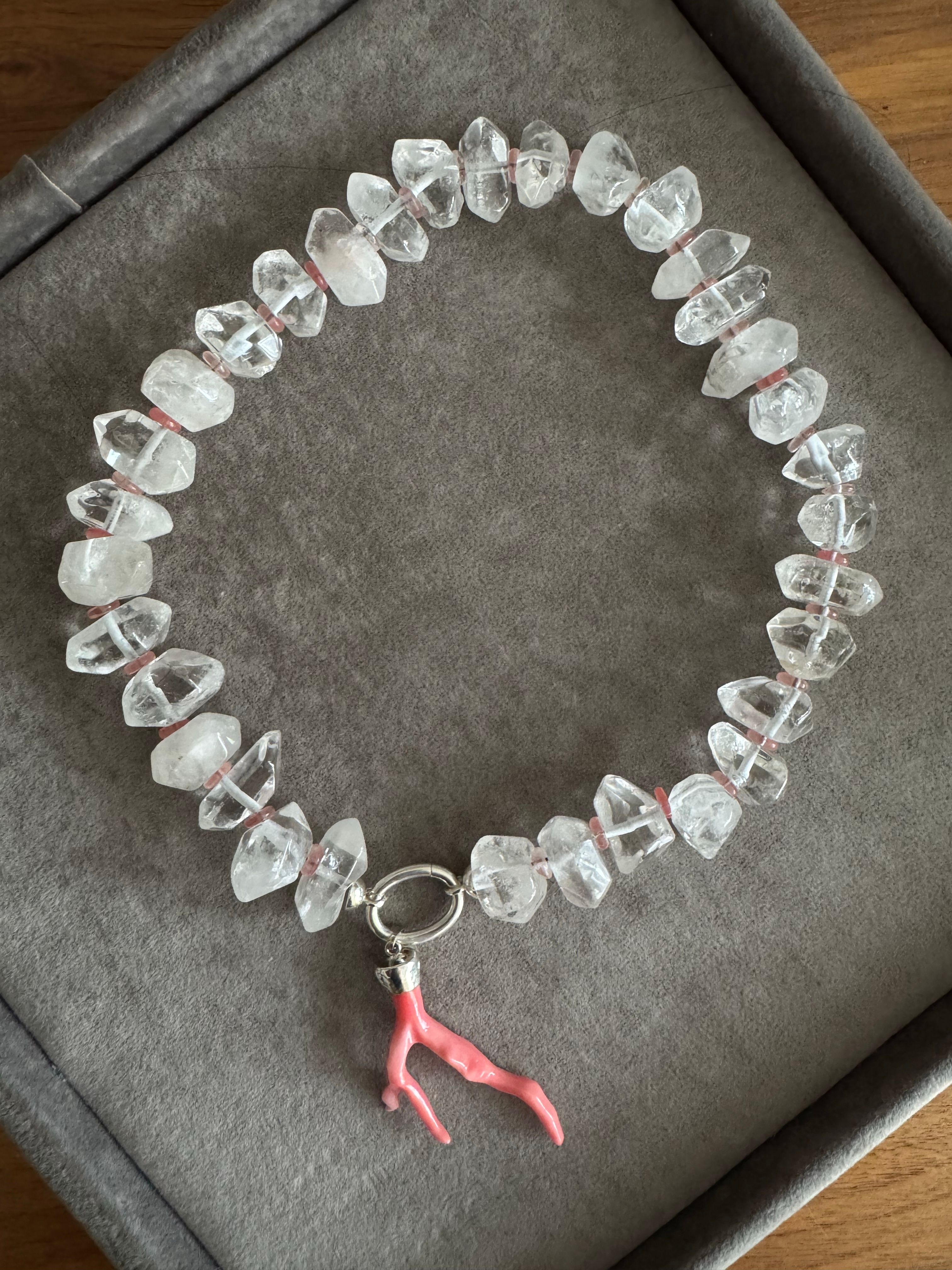 pure crystal with rose quartz & coral charm 