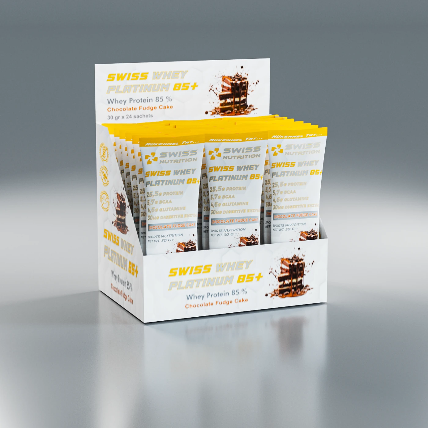 SWISS WHEY PLATINUM 85+ SAŞE 24 ADET - Çikolata Soslu Pasta