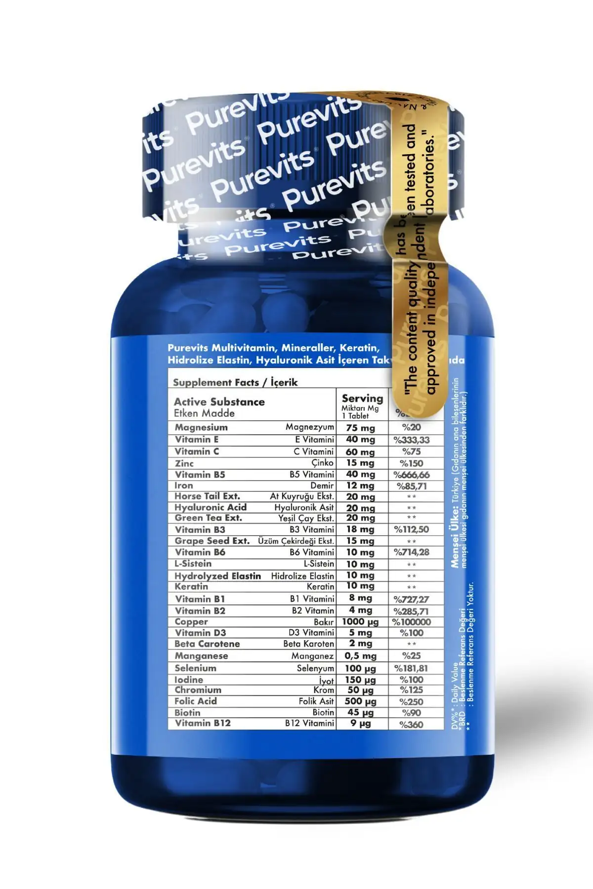 PUREVİTS Green Factor Multivitamin Mineral Complex - Keratin - Hyaluronik Asit – Folik Asit - 30 Adet