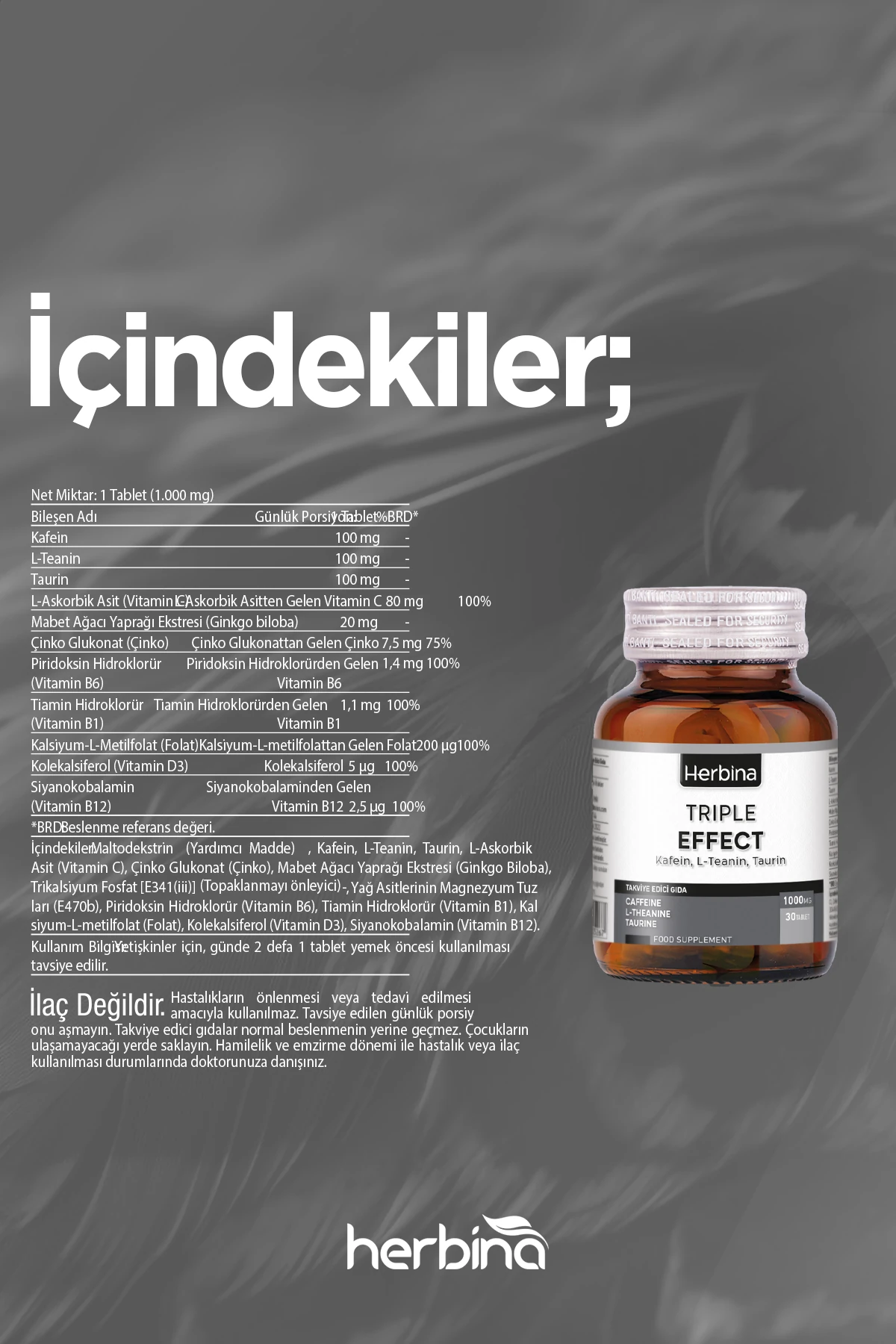 Kafein, L-Teanin, Taurin Üçlü Etki 30 Tablet