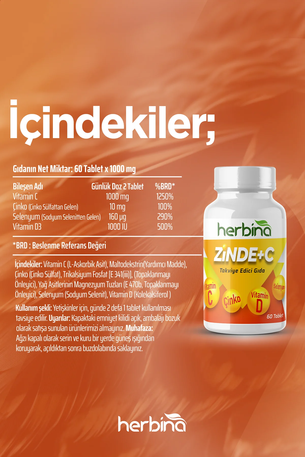 ZİNDE+C VİTAMİN C,ÇİNKO,VİTAMİN D, SELENYUM 60 TABLET