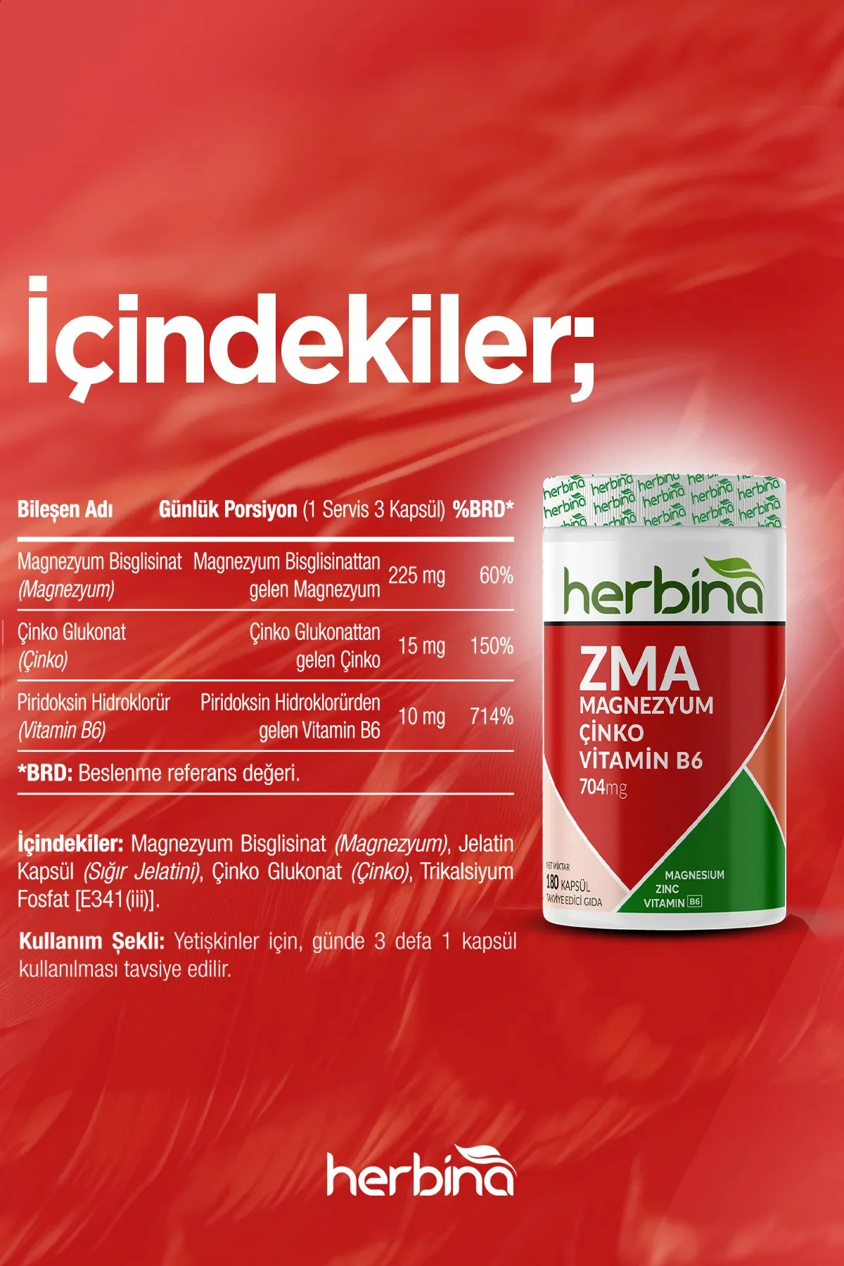 ZMA Magnezyum, Çinko, B6 Vitamini - 180 Kapsül