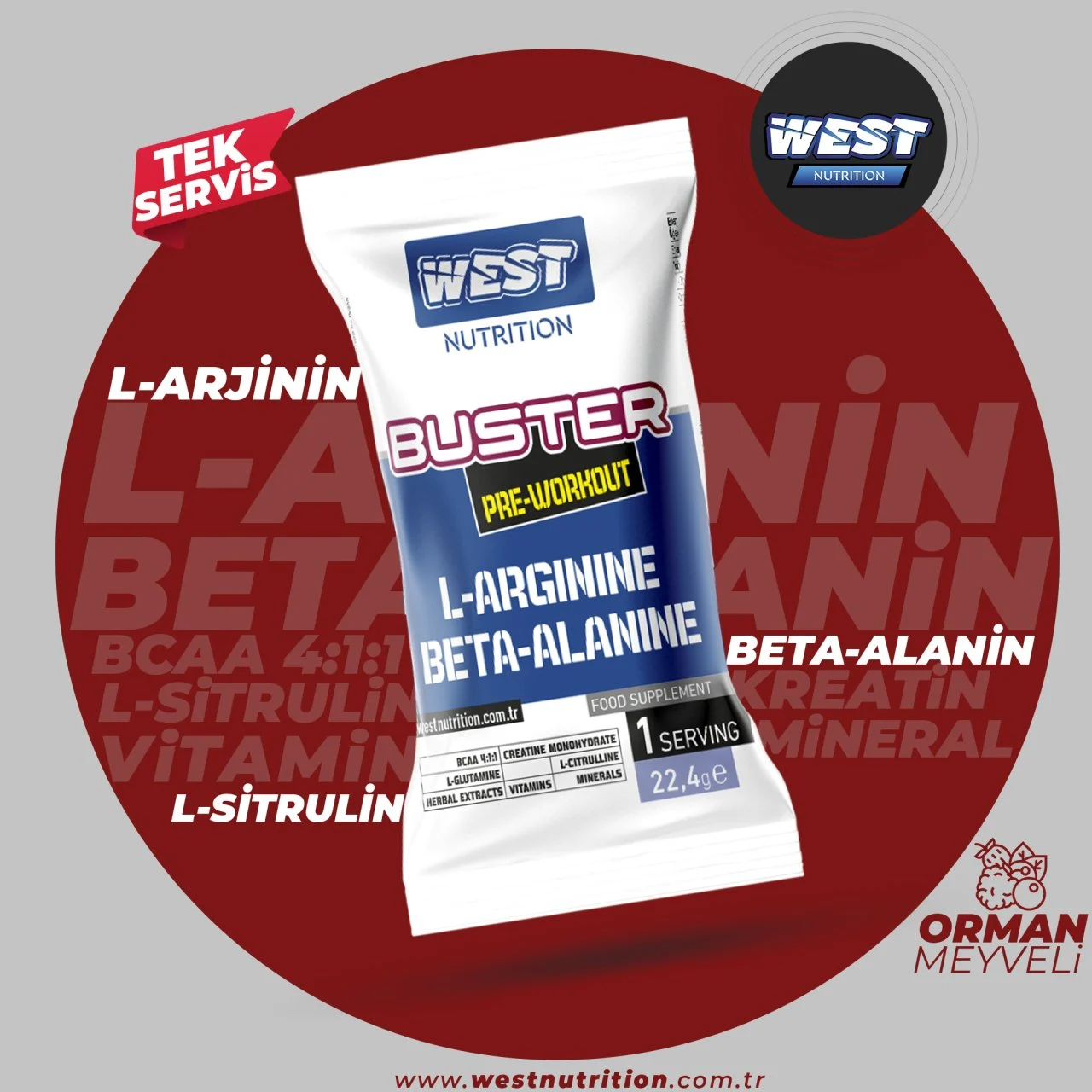 Buster Preworkout L-Arjinin & Beta- Alanin 22.4 gram Tek Paket Servis