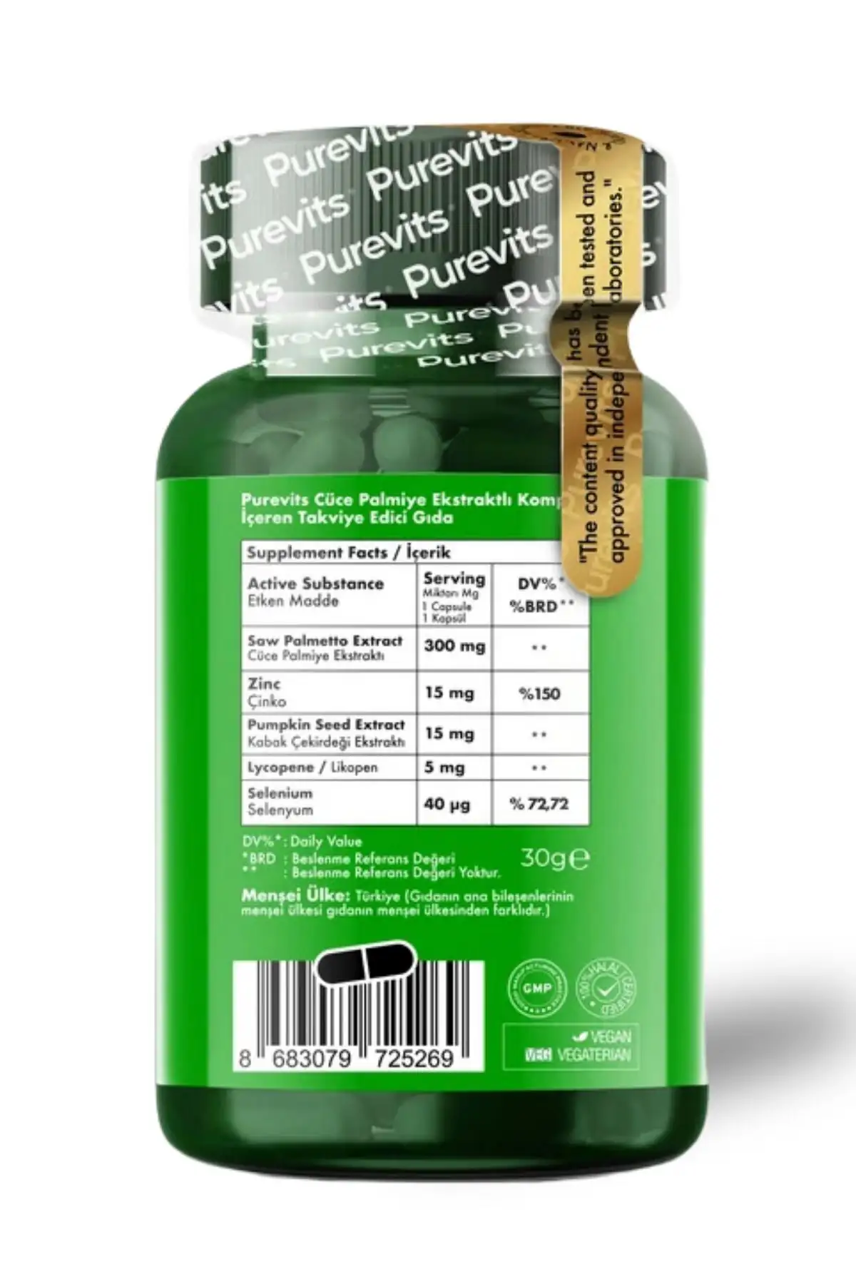 PUREVİTS Saw Palmetto Complex-cüce Palmiye-çinko-kabak Çekirdeği Ekstraktı-likopen-selenyum 60 Adet Veg Cap